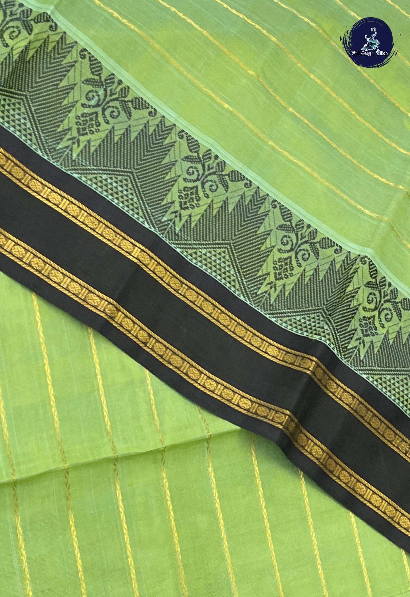 Elaichi Green Korvai Silk Cotton Saree With Veldhari Stripes Pattern