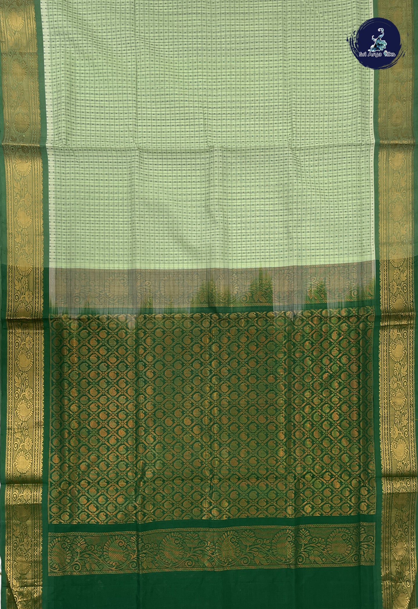 Pastel Green Checked Saree With Laksha Deepam Design Pattern