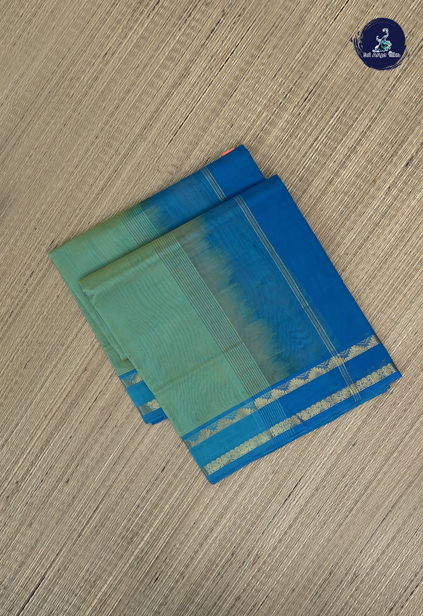 Sea Green Simple Silk Cotton Saree With Plain Pattern