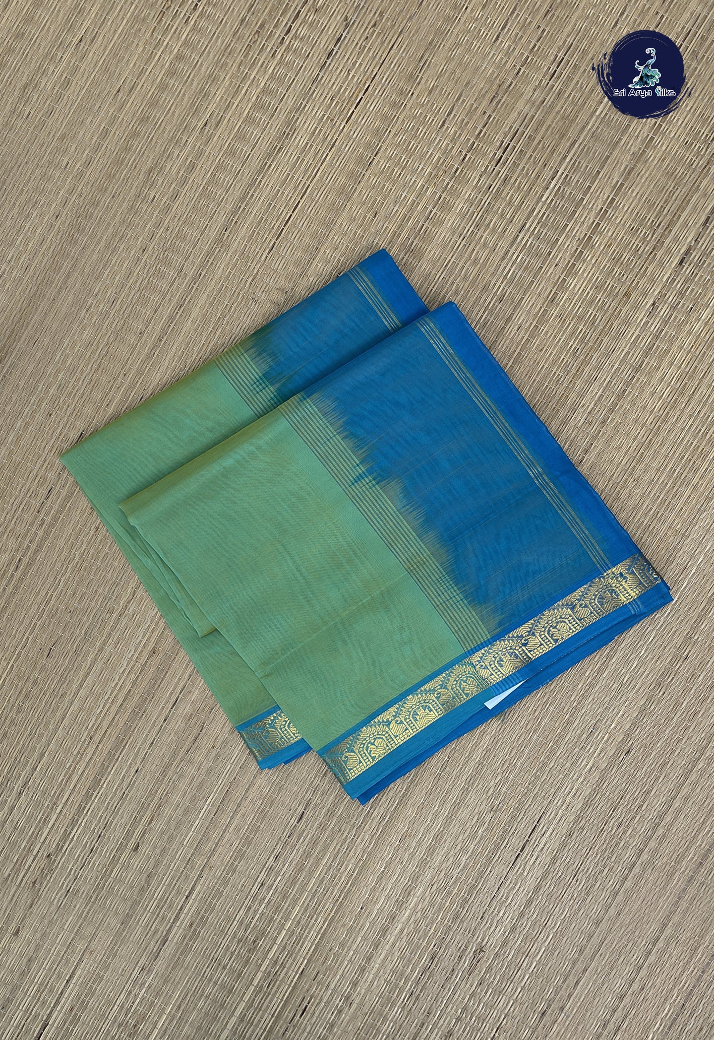 Sea Green Simple Silk Cotton Saree With Plain Pattern