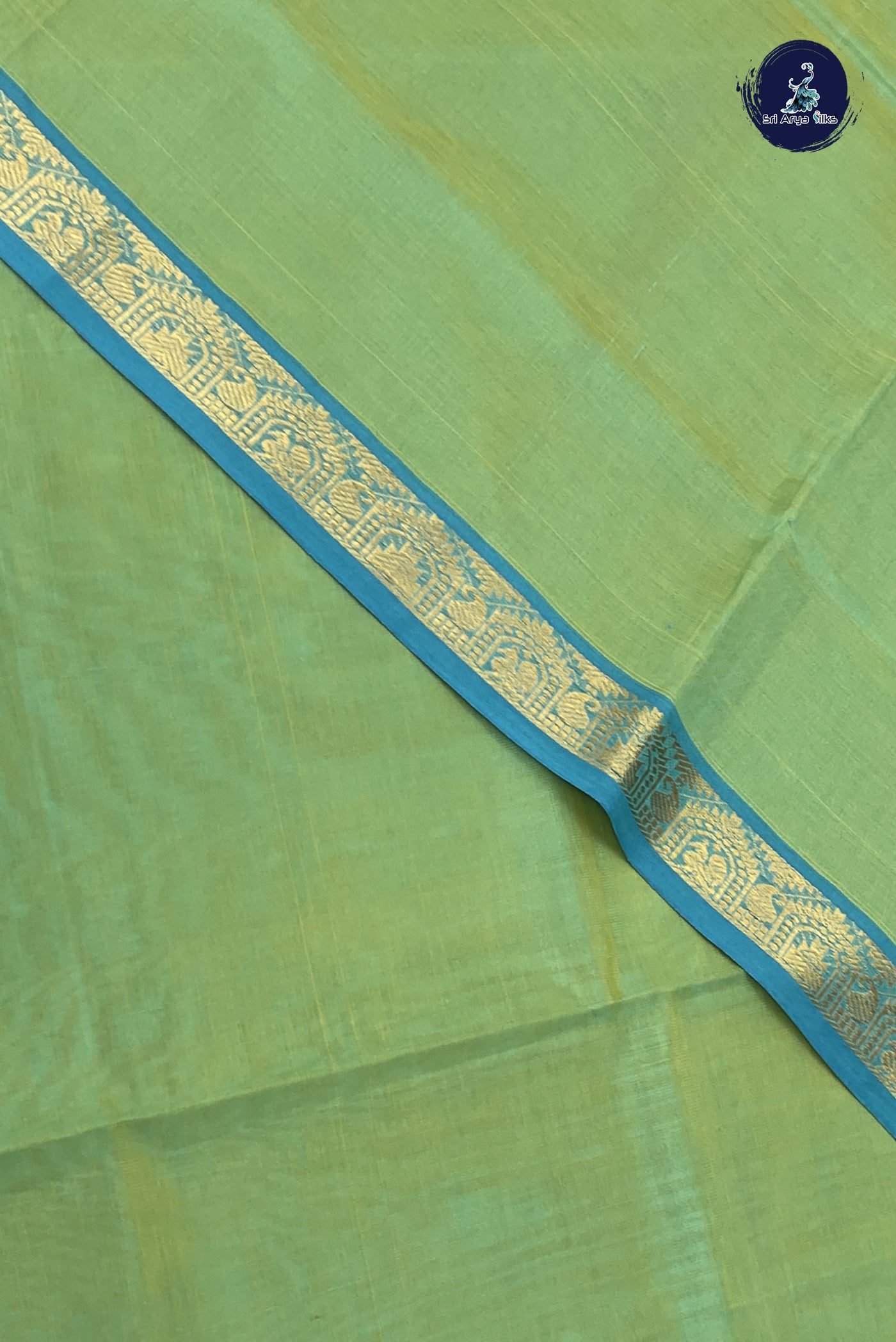 Sea Green Simple Silk Cotton Saree With Plain Pattern