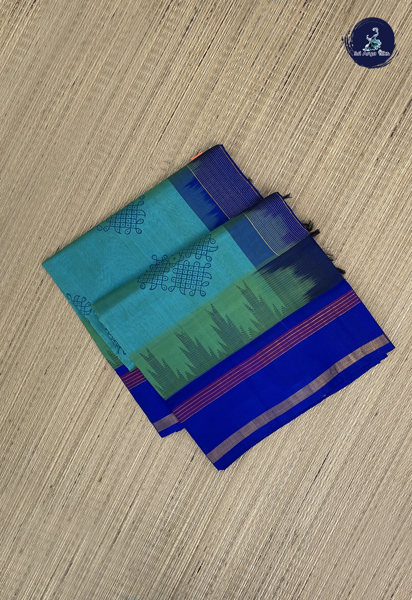 Greenish Blue Korvai Contrast Silk Saree With Printed Pattern