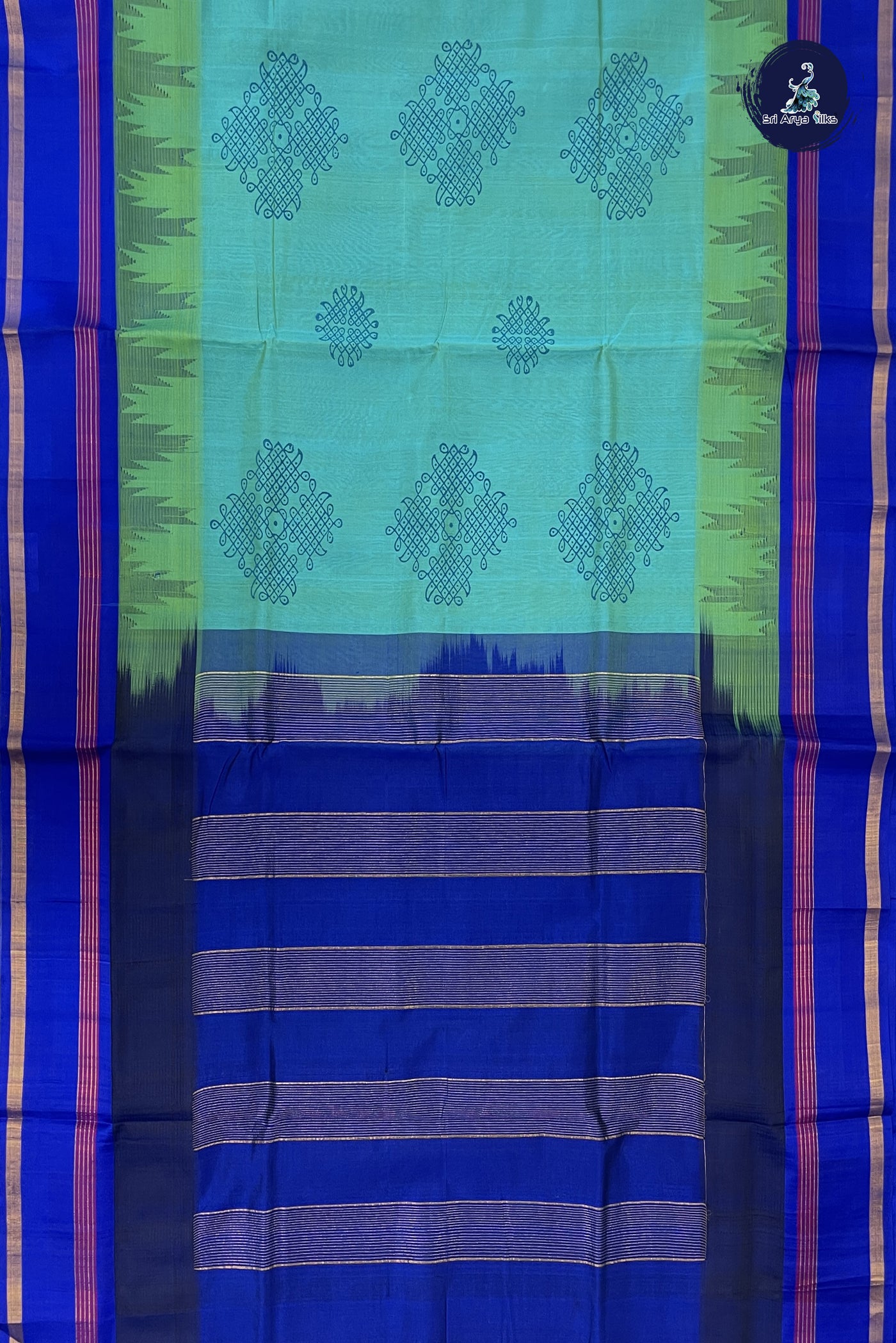 Greenish Blue Korvai Contrast Silk Saree With Printed Pattern