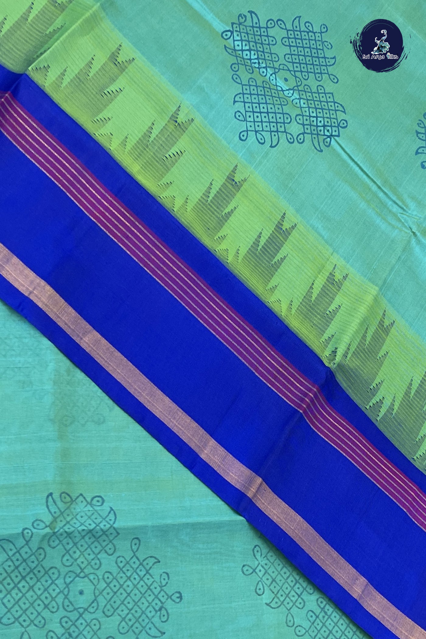 Greenish Blue Korvai Contrast Silk Saree With Printed Pattern