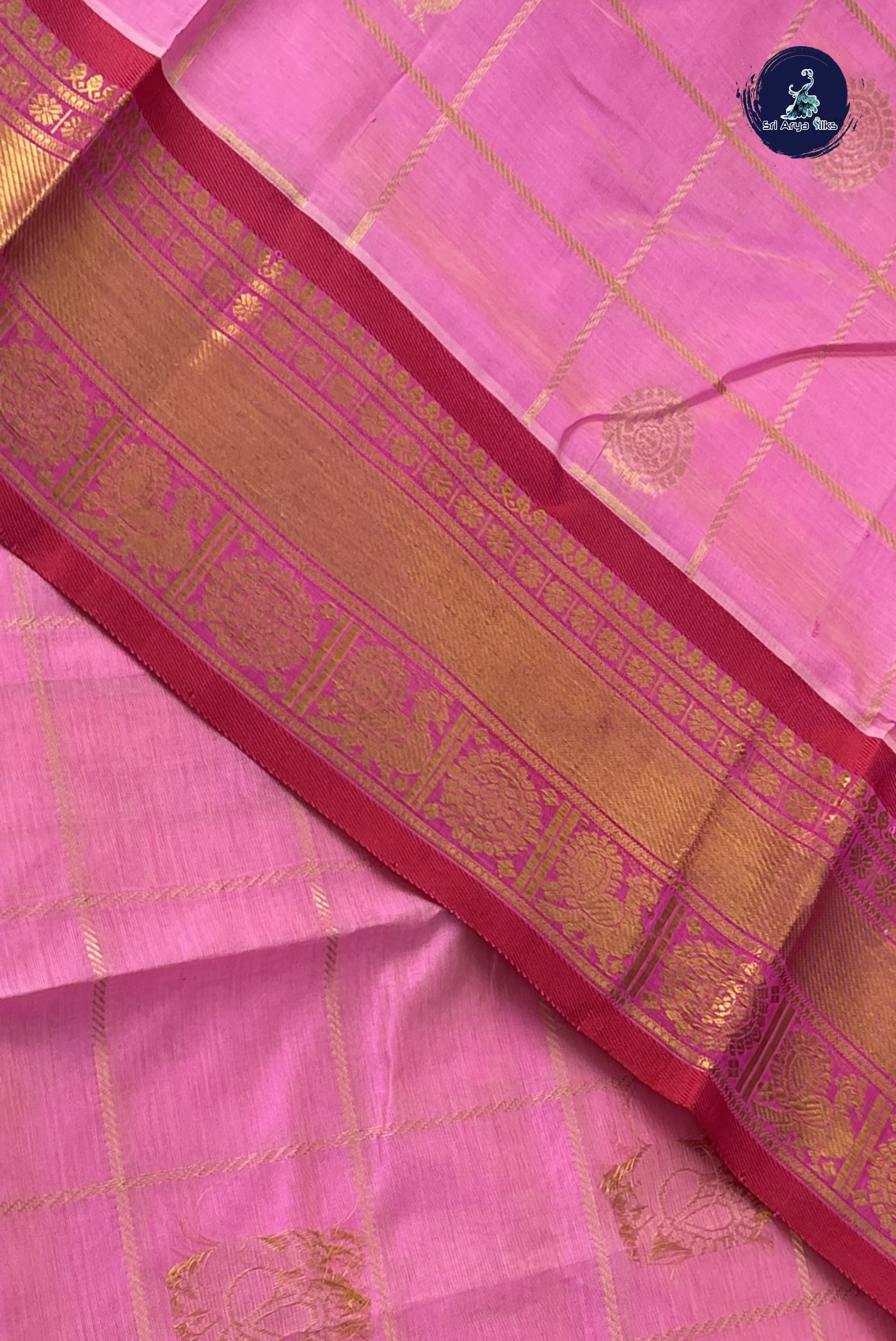 Light Pink Bridal Silk Cotton Saree With Zari Checked Pattern