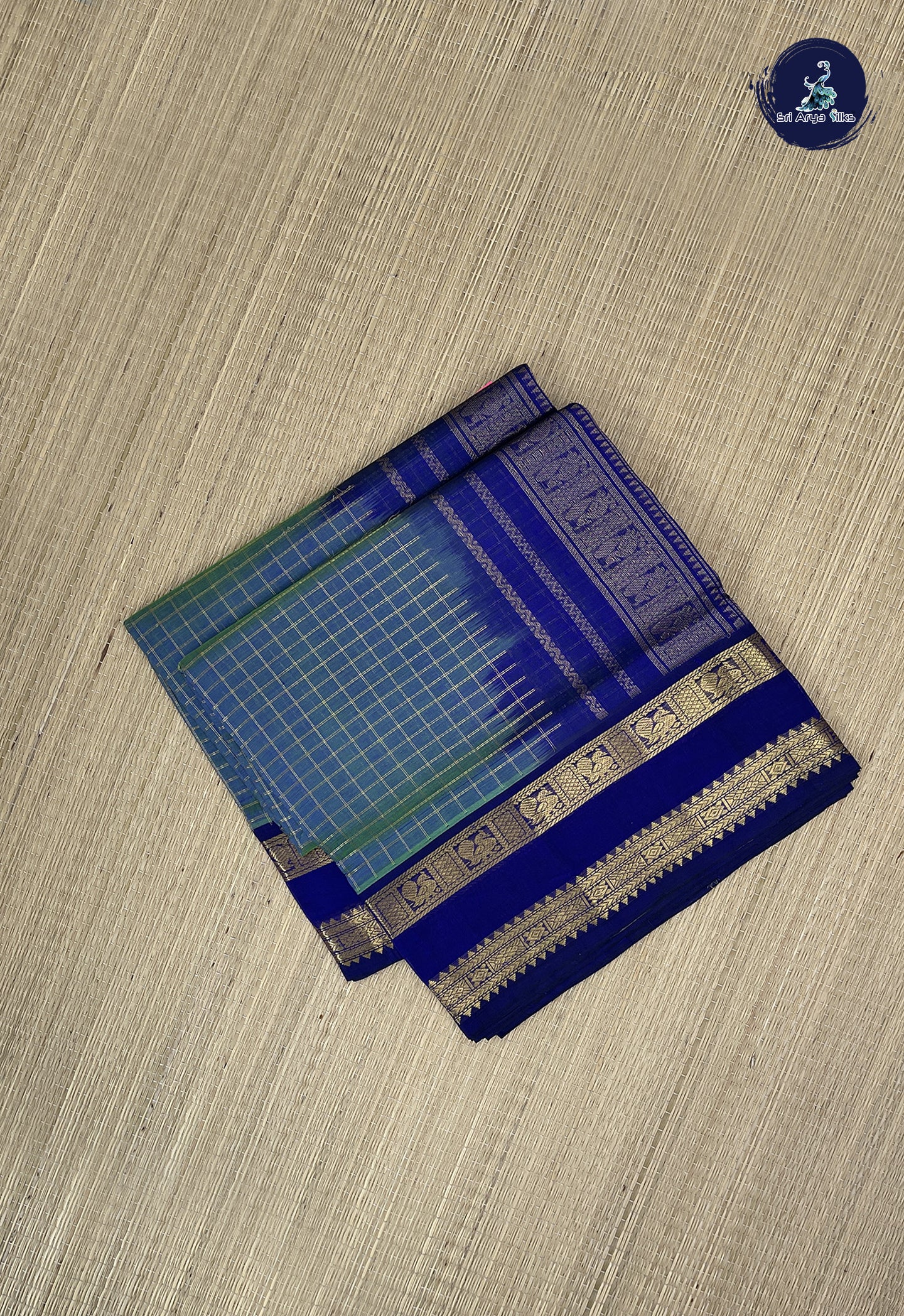 Greenish Blue Checked Saree With Zari Checked Pattern
