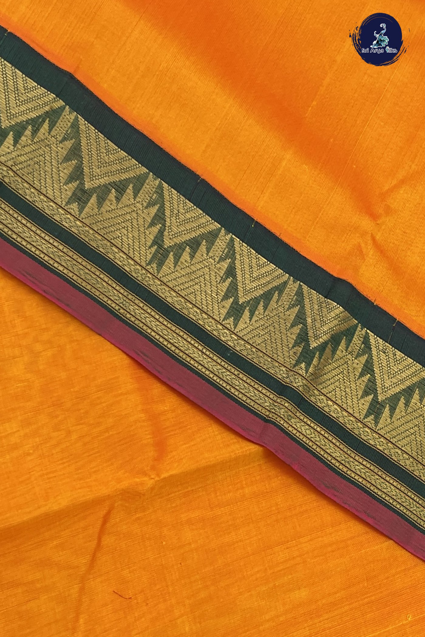 Yellowish Orange Korvai Silk Cotton Saree With Plain Pattern
