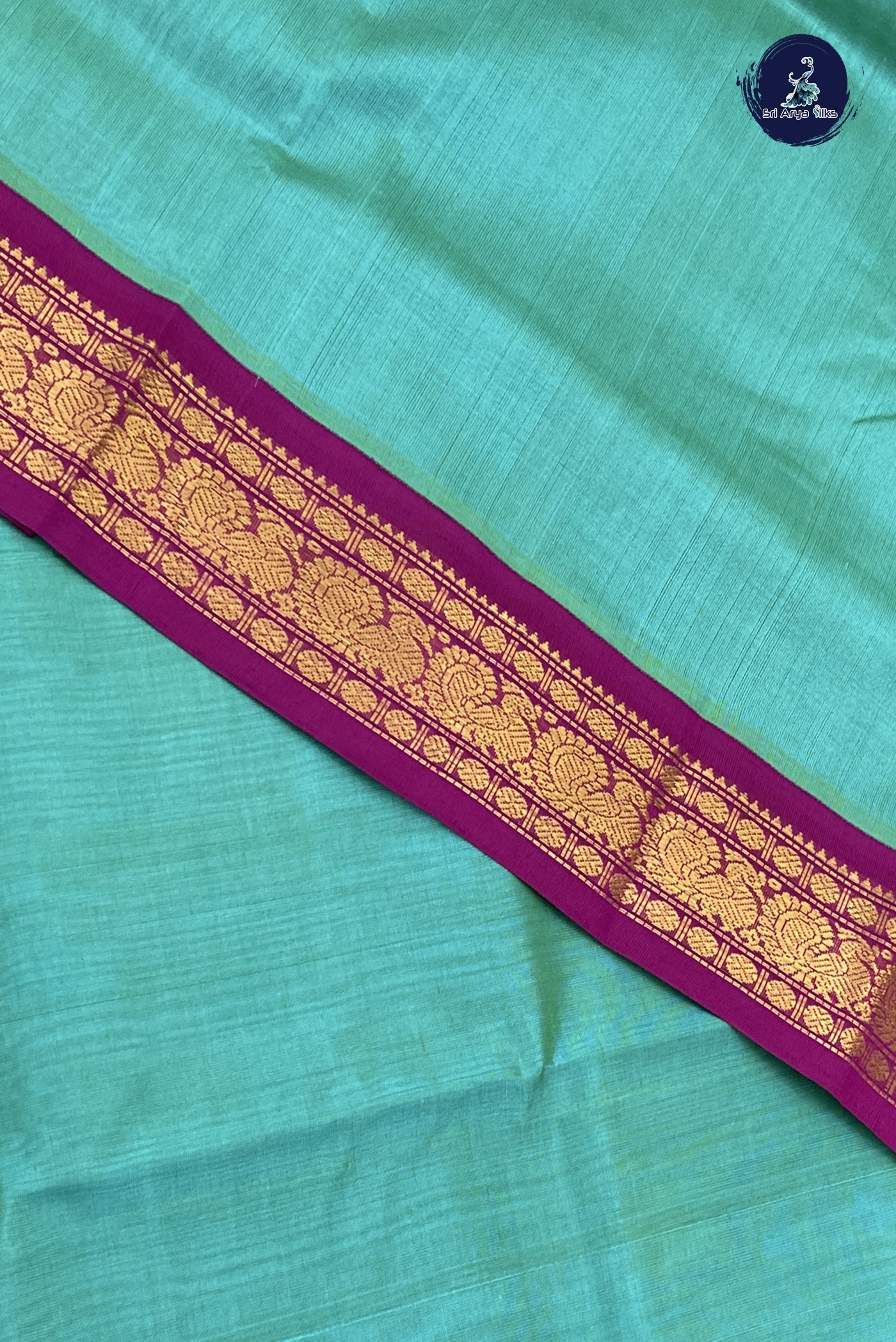 Blue Korvai Silk Cotton Saree With Plain Pattern