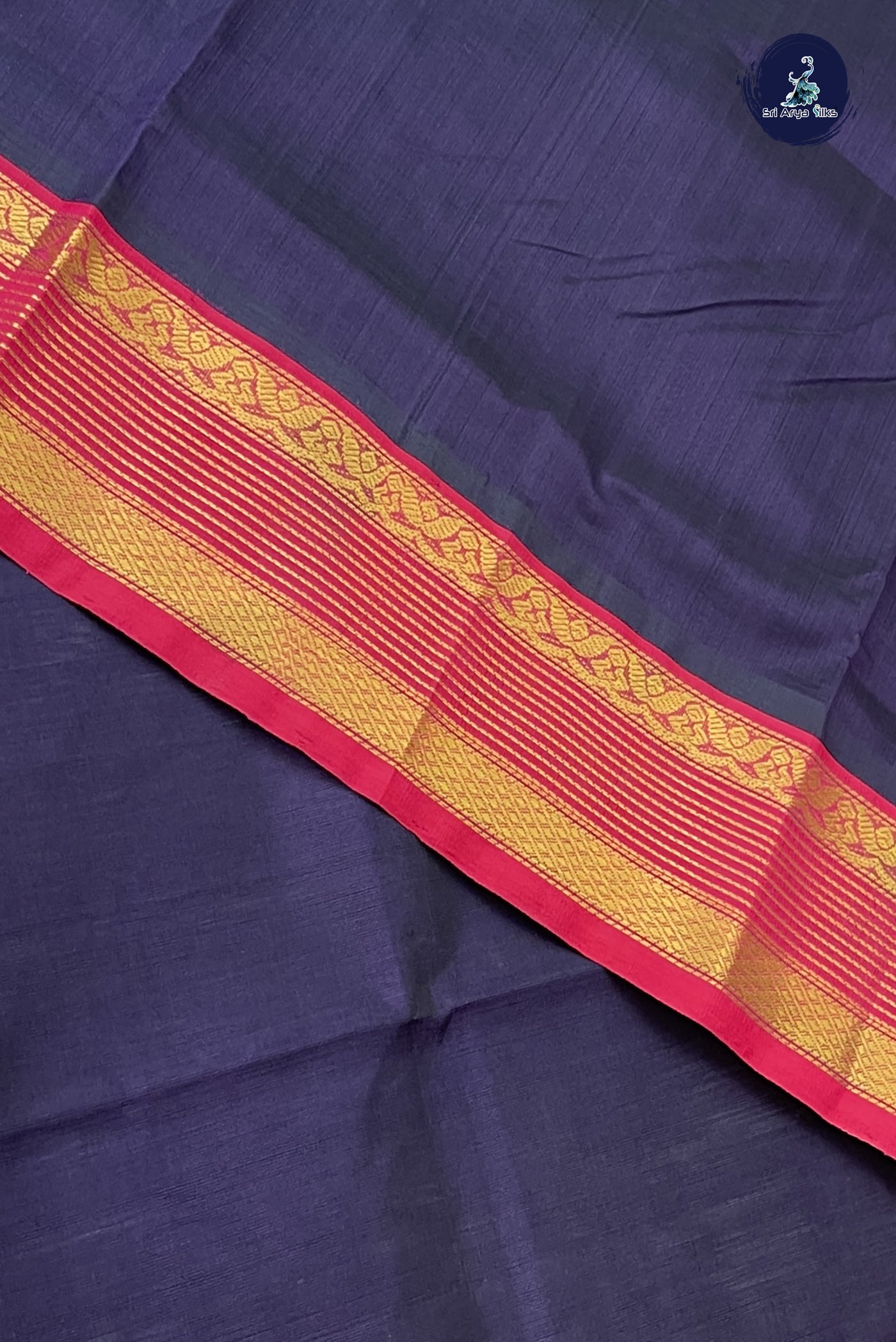 Dark Plum Korvai Silk Cotton Saree With Plain Pattern