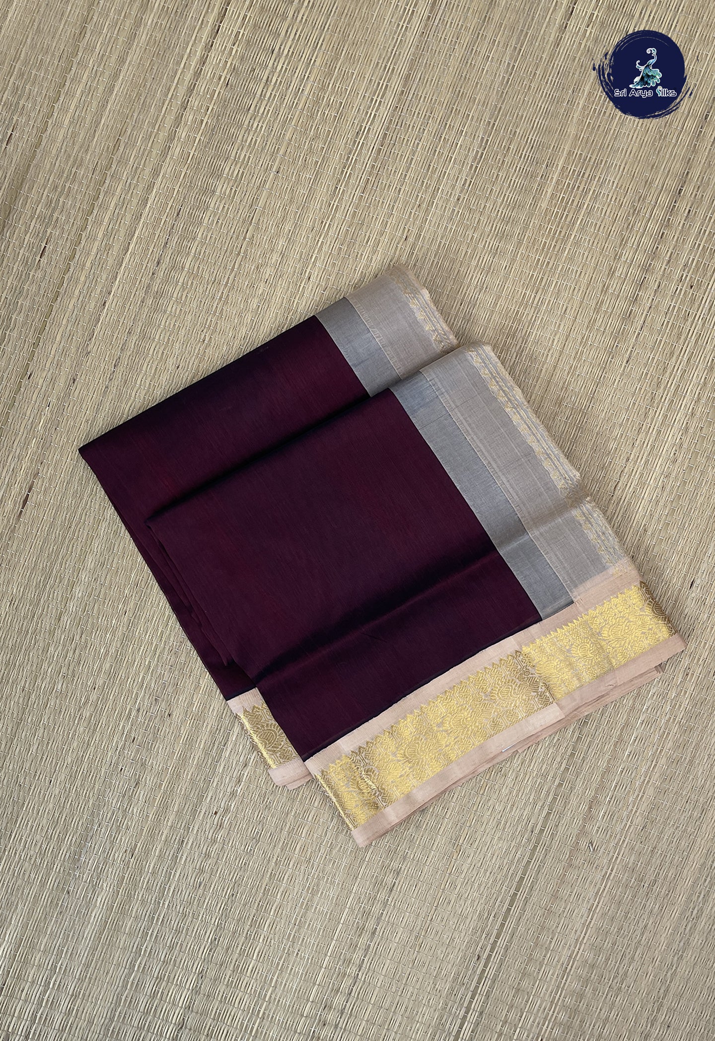 Brown Korvai Silk Cotton Saree With Plain Pattern
