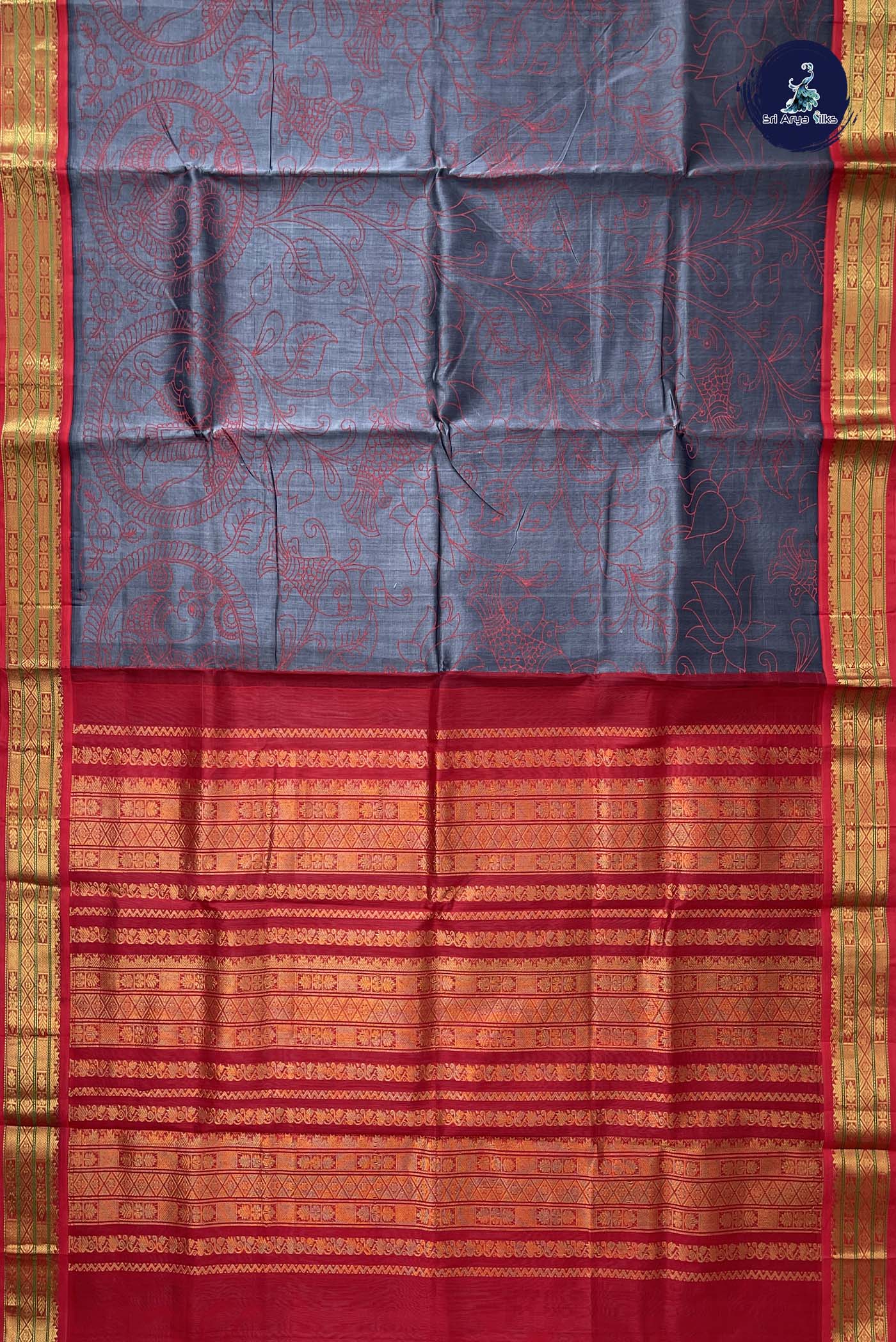 Grey Korvai Silk Cotton Saree With Kalamkari Pattern