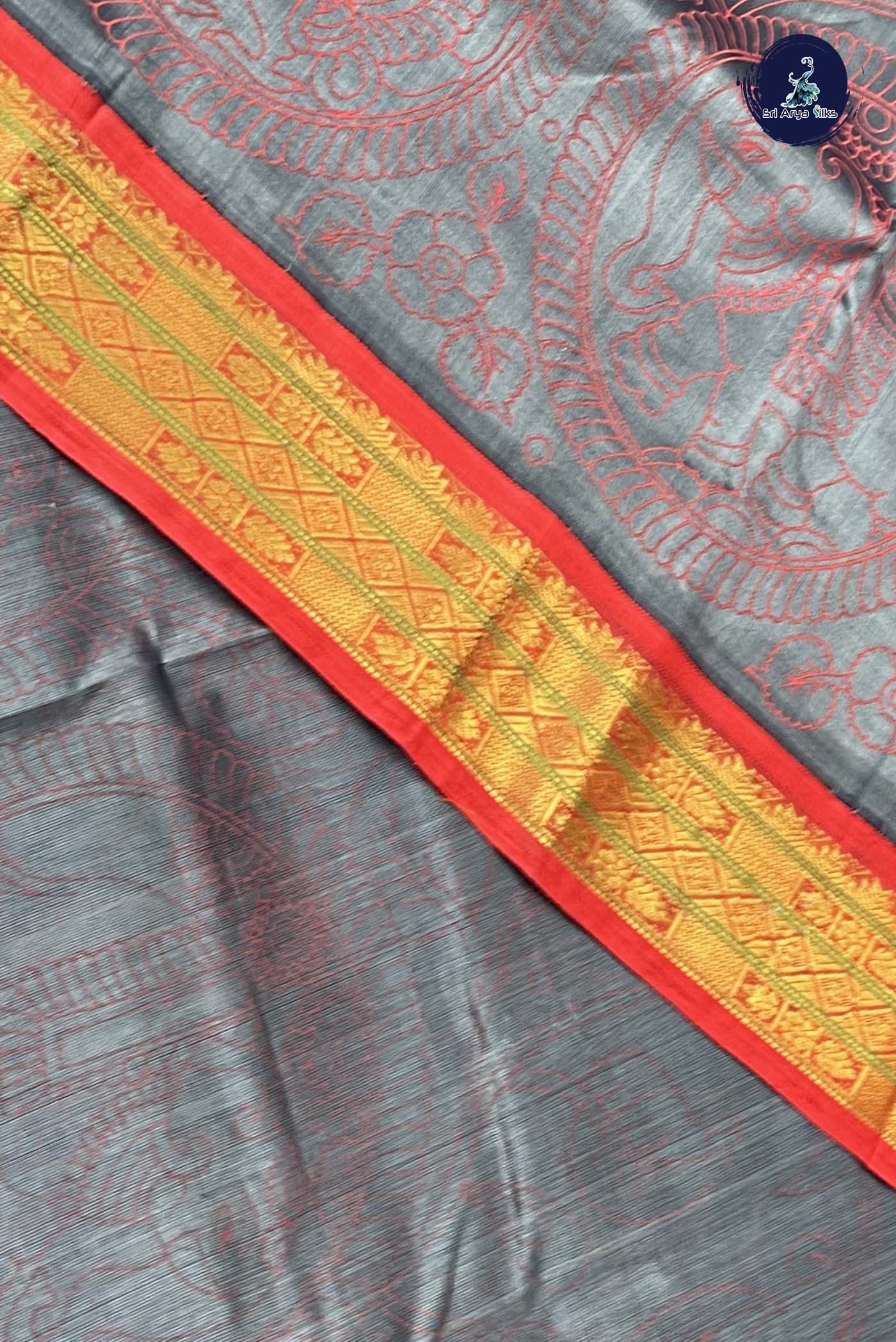 Grey Korvai Silk Cotton Saree With Kalamkari Pattern
