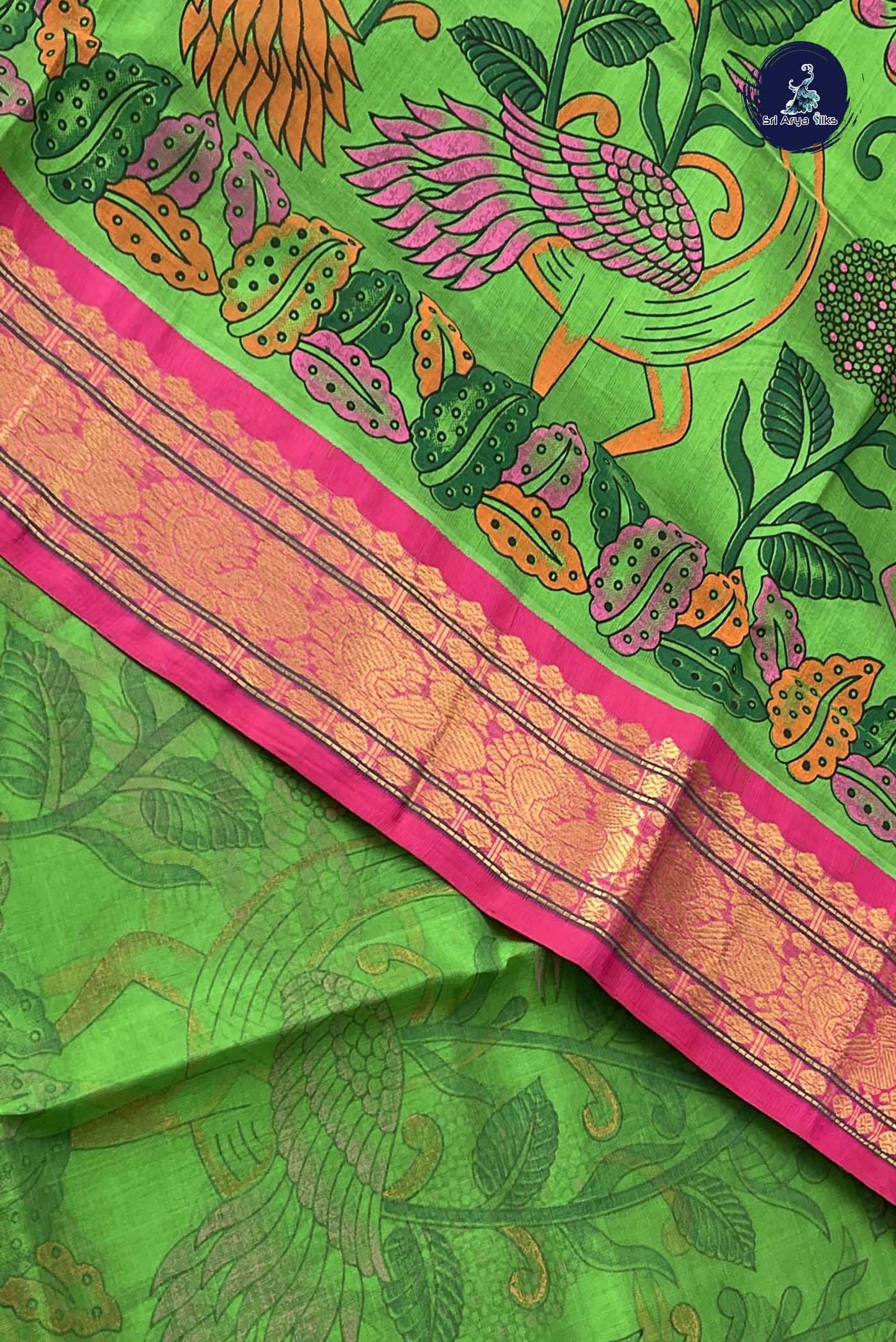 Green Korvai Silk Cotton Saree With Kalamkari Pattern