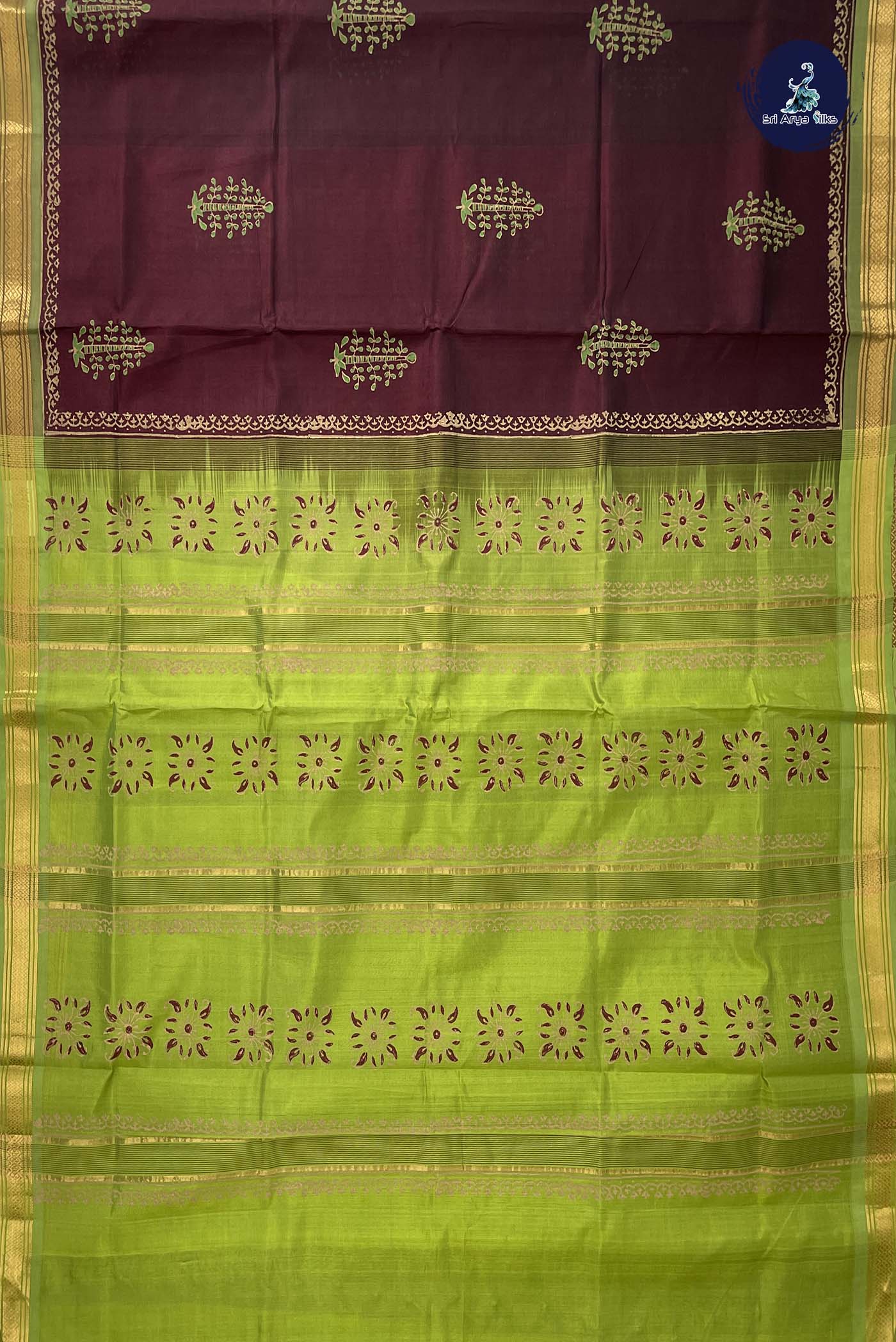 Brown Simple Silk Cotton Saree With Printed Pattern