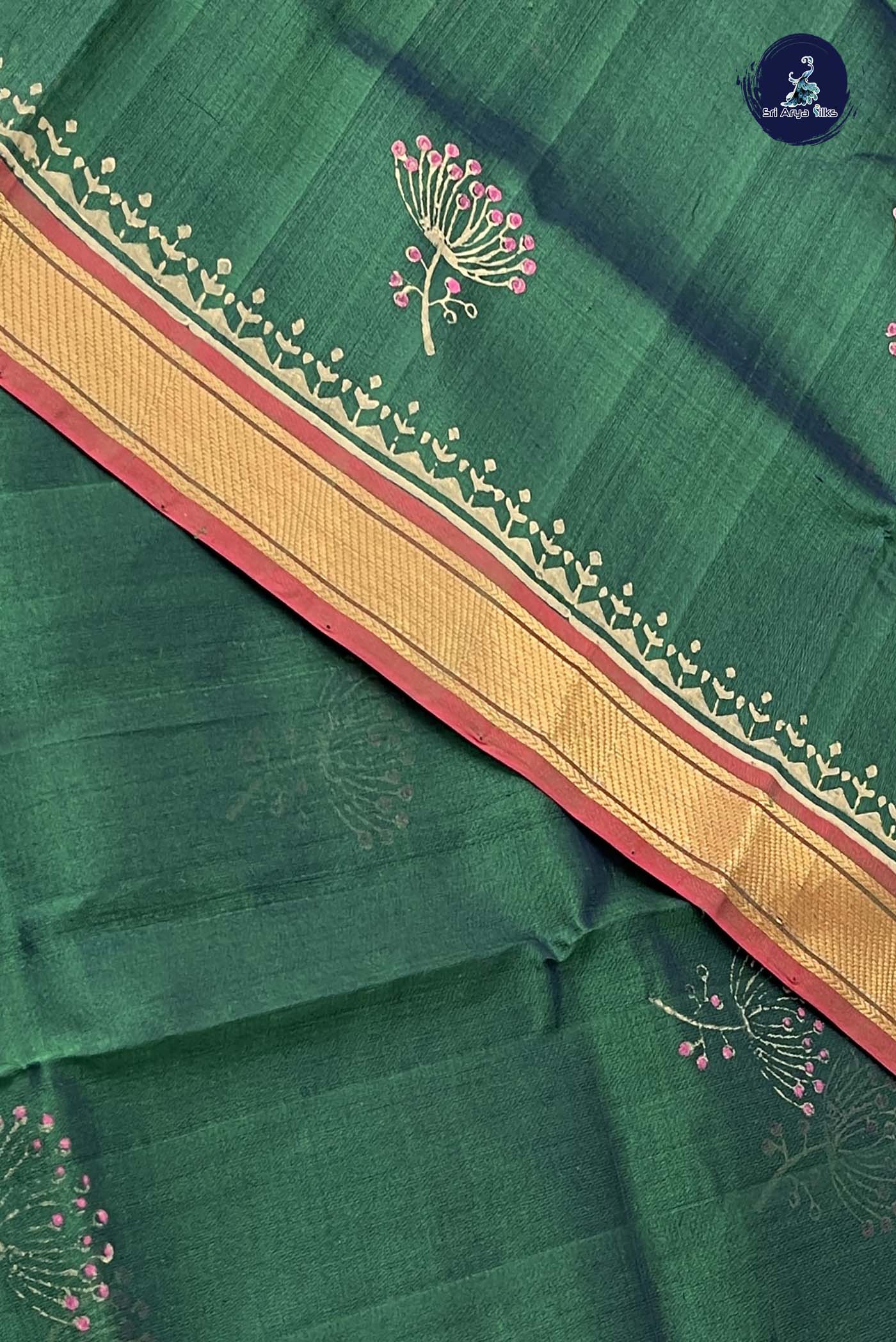 Bottle Green Simple Silk Cotton Saree With Printed Pattern