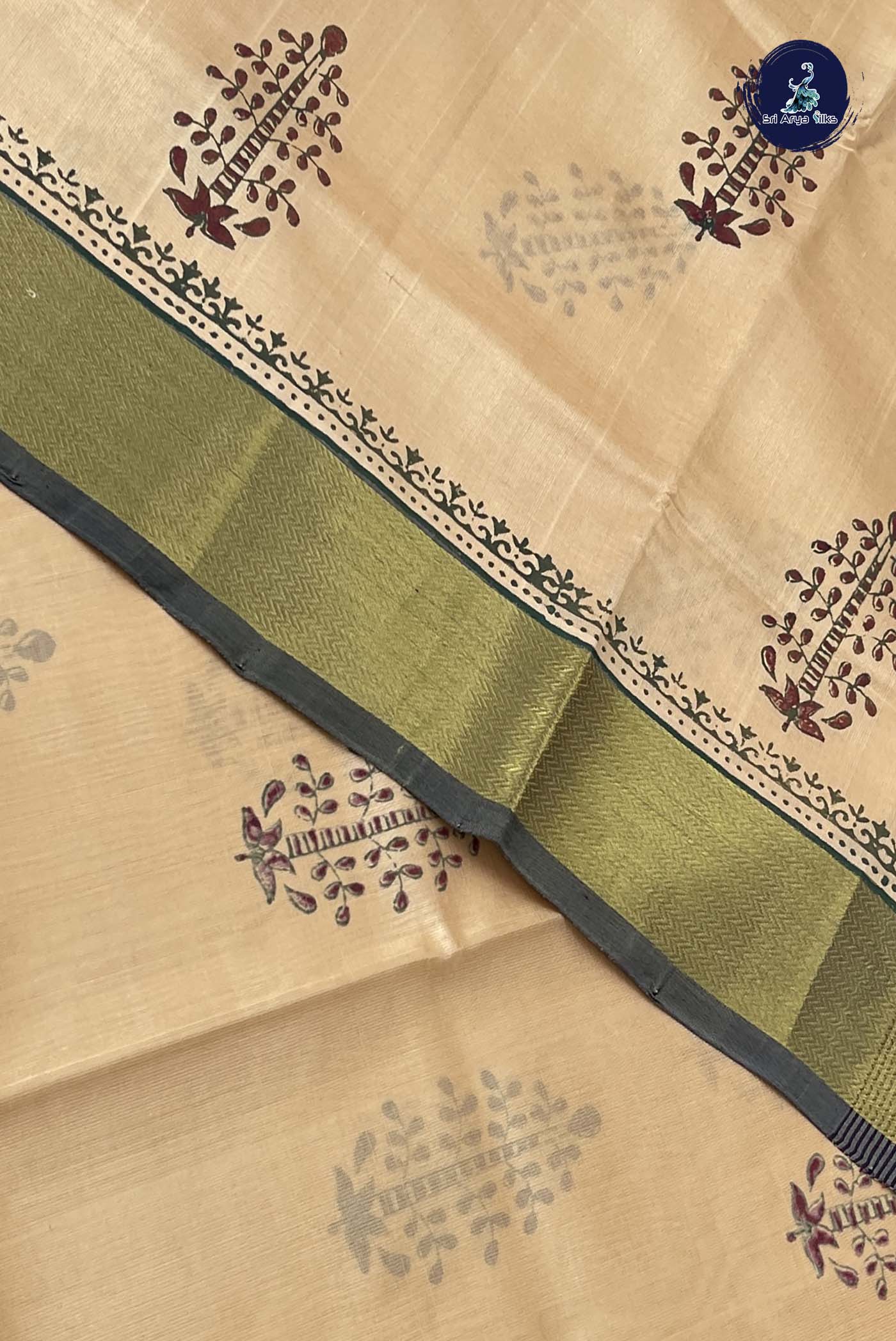 Chikku Shade Simple Silk Cotton Saree With Printed Pattern