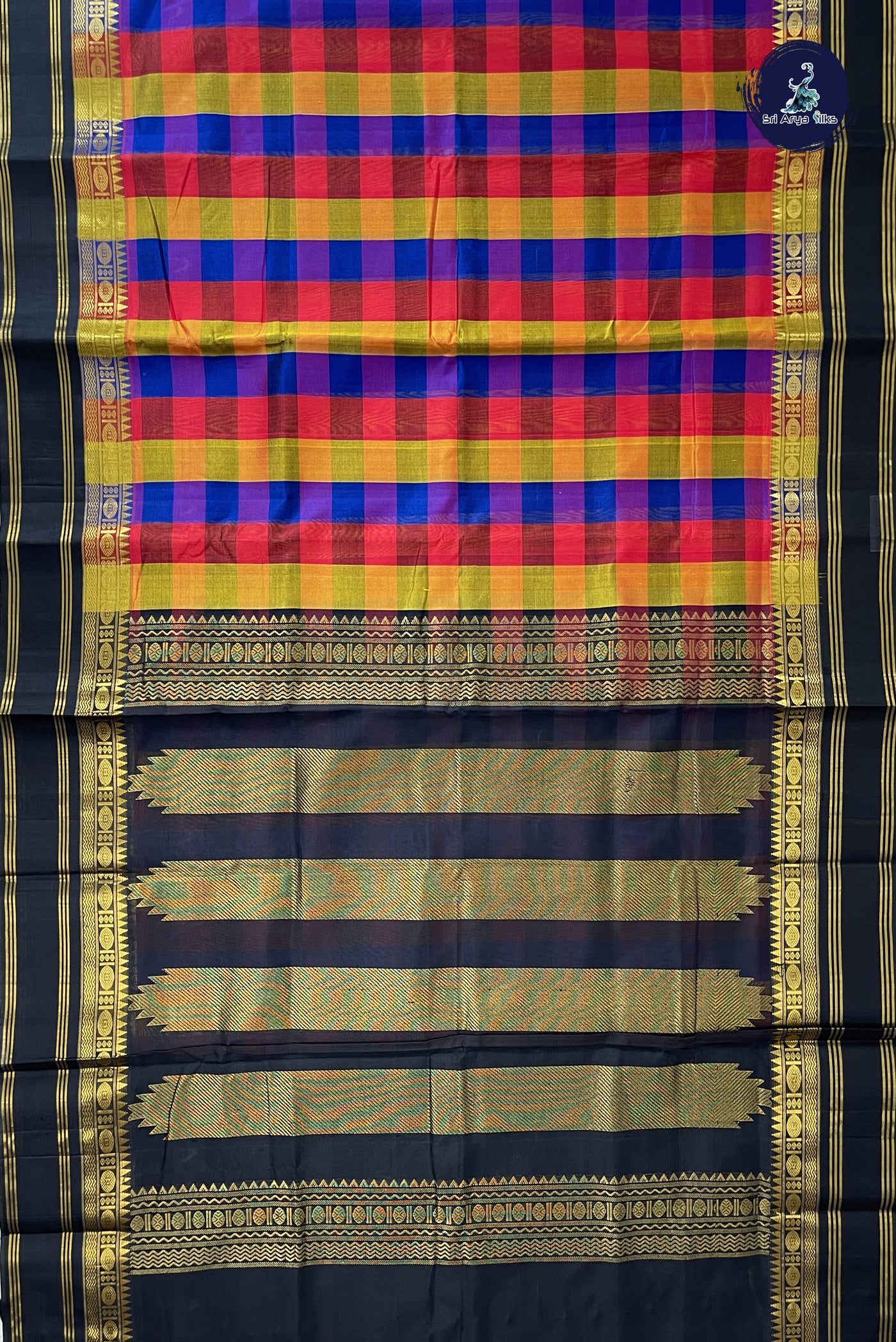 Multi Colour Korvai Silk Cotton Saree With Paalum Pazham Kattam Pattern