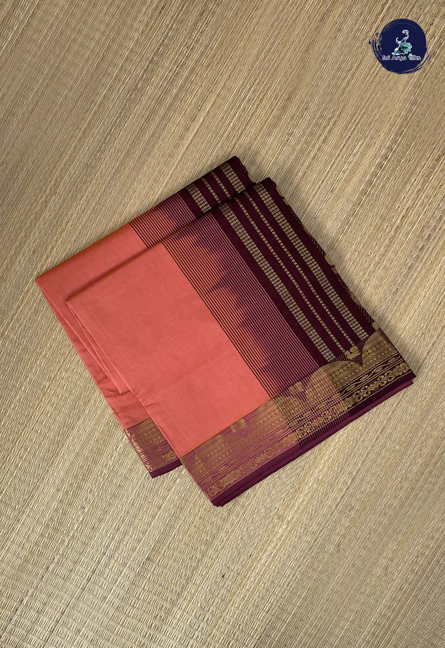 Light Peach Kanchi Semi Silk Cotton Saree With Plain Pattern
