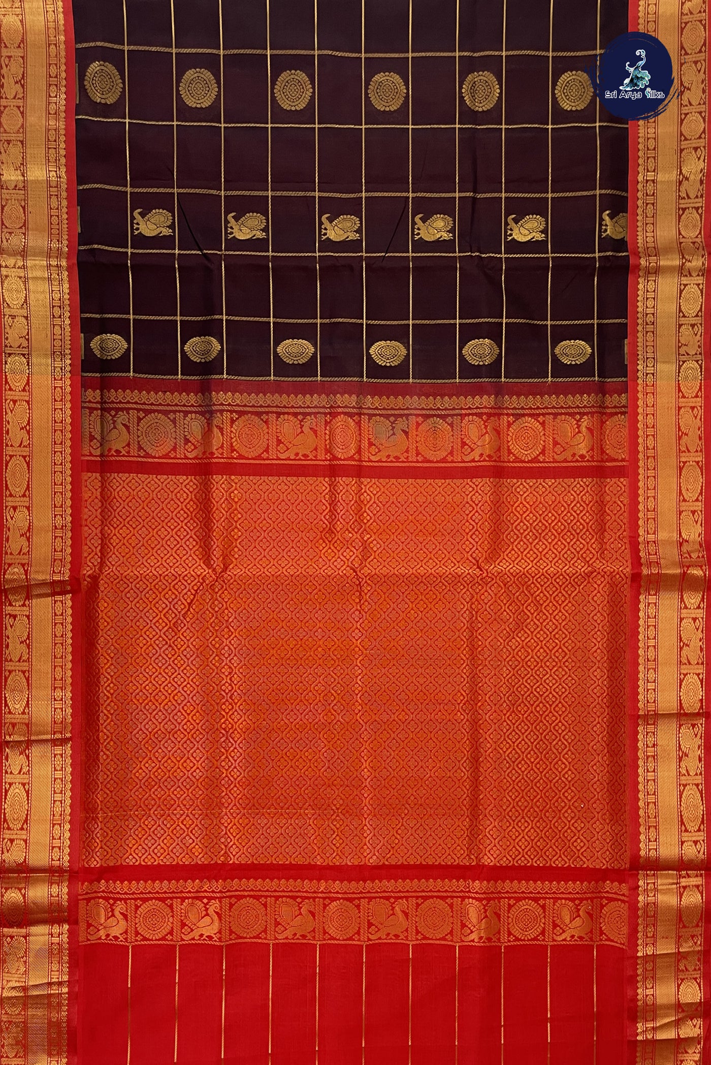 Brown Checked Saree With Mayil Chakram Butta Pattern