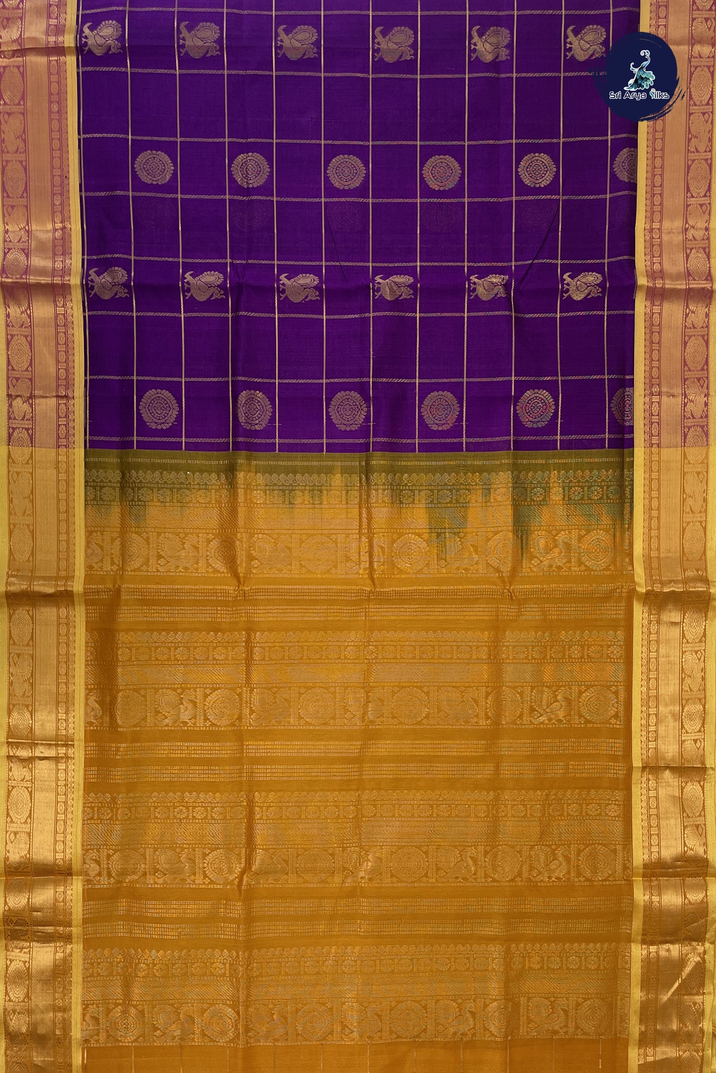 Dark Violet Checked Saree With Mayil Chakram Butta Pattern