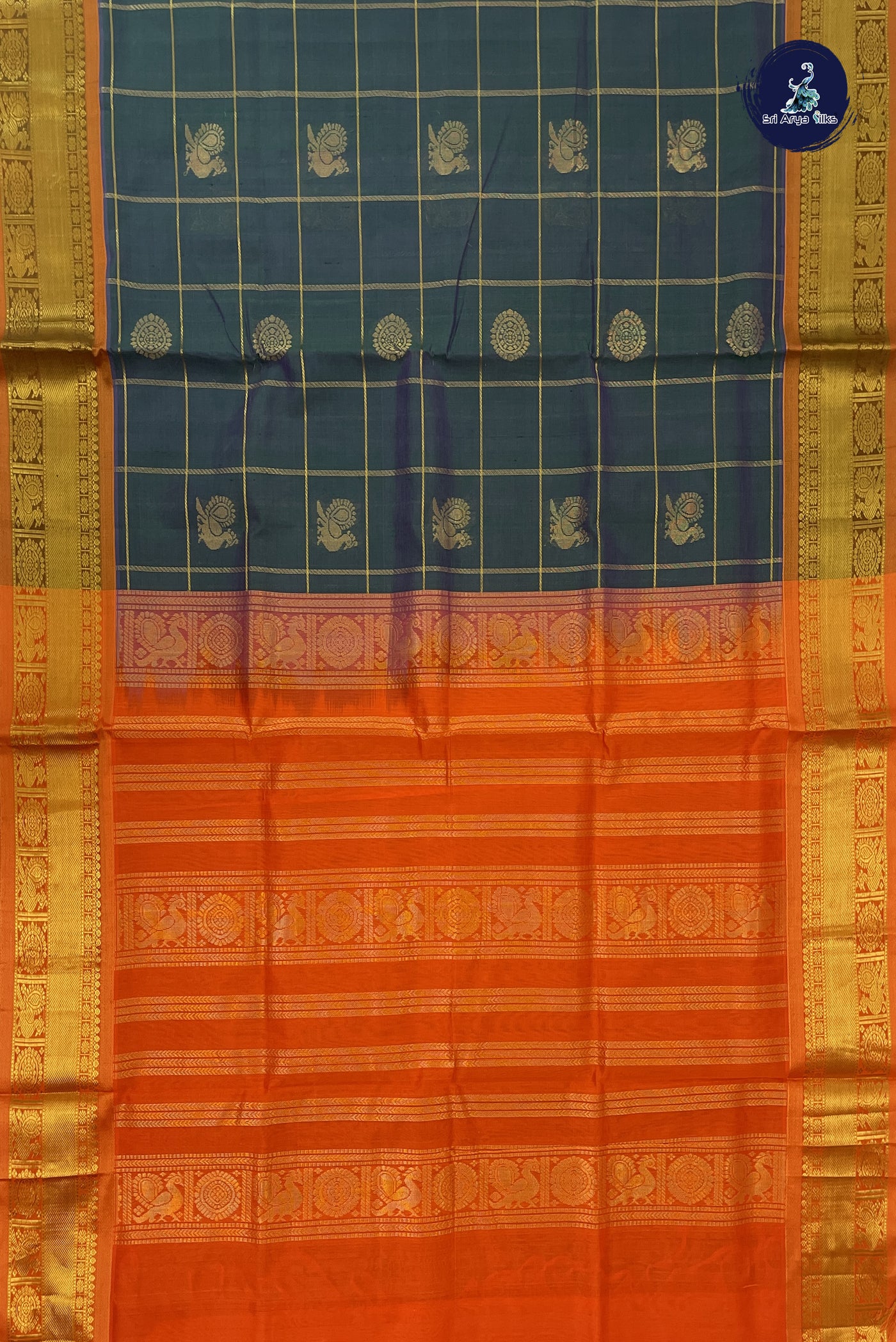Greenish Blue Checked Saree With Mayil Chakram Butta Pattern