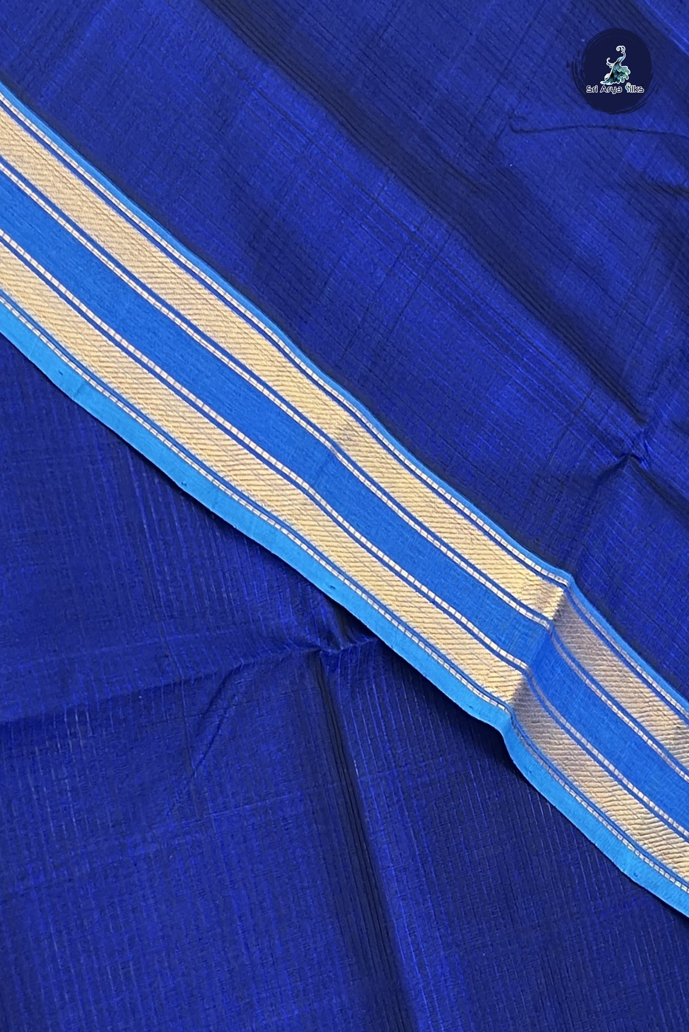 Dark Blue Simple Silk Cotton Saree With Doria Lines Pattern