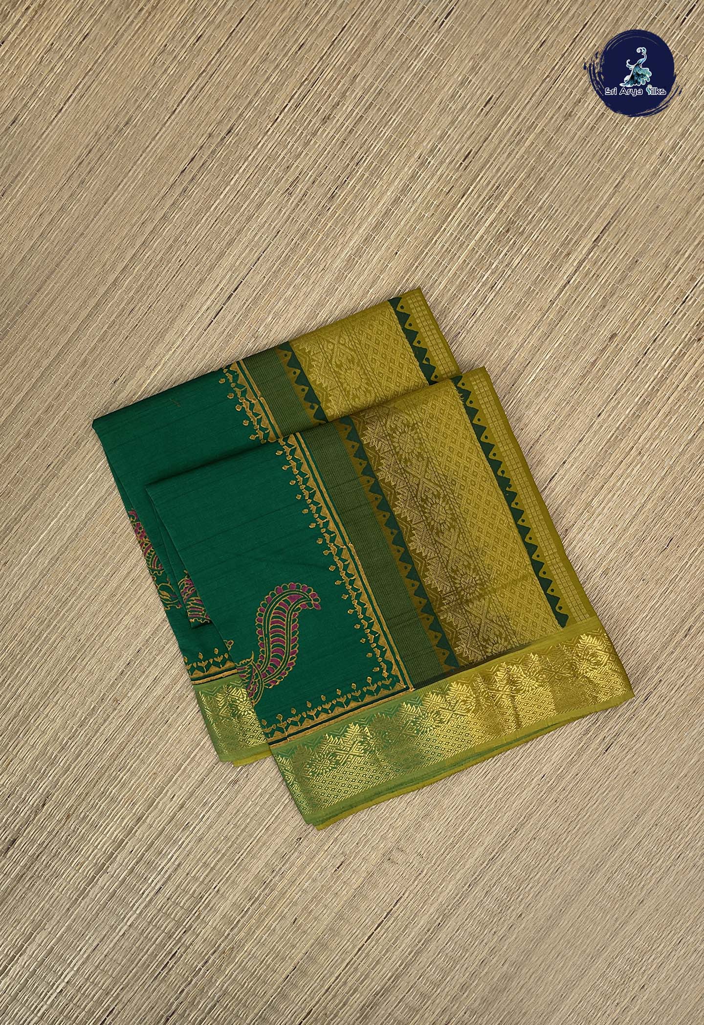 Dark Green Kanchi Semi Silk Cotton Saree With Printed Pattern