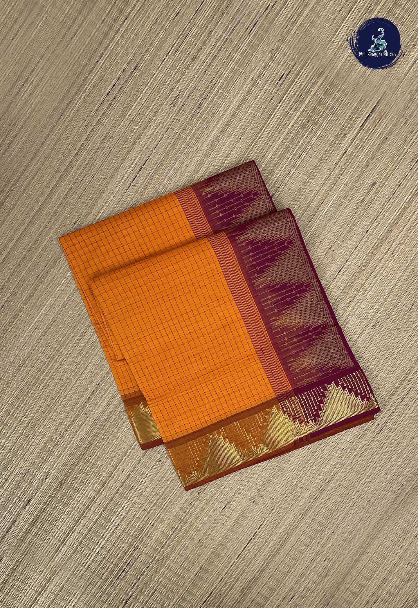 Yellowish Orange Kanchi Semi Silk Cotton Saree With Checked Pattern