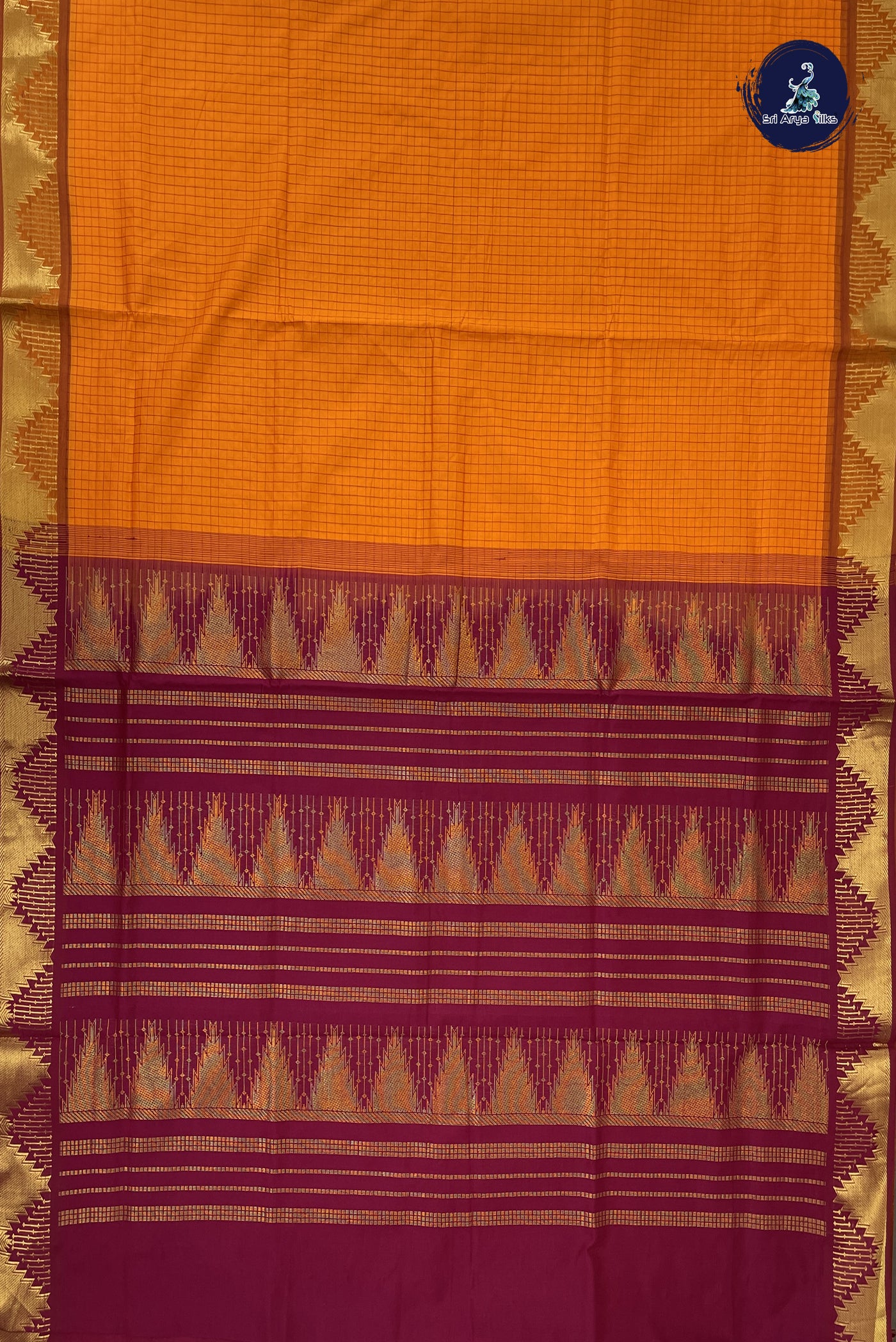 Yellowish Orange Kanchi Semi Silk Cotton Saree With Checked Pattern