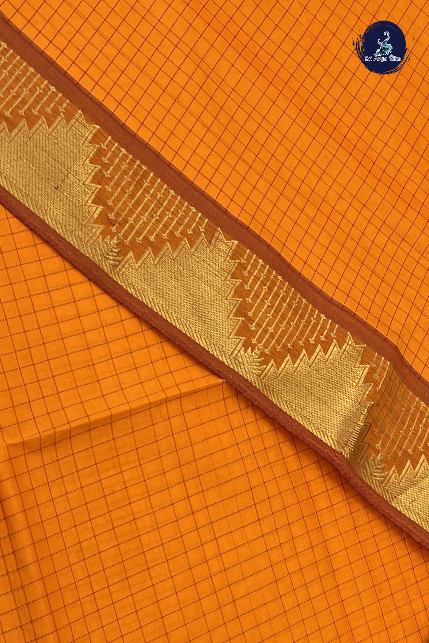 Yellowish Orange Kanchi Semi Silk Cotton Saree With Checked Pattern