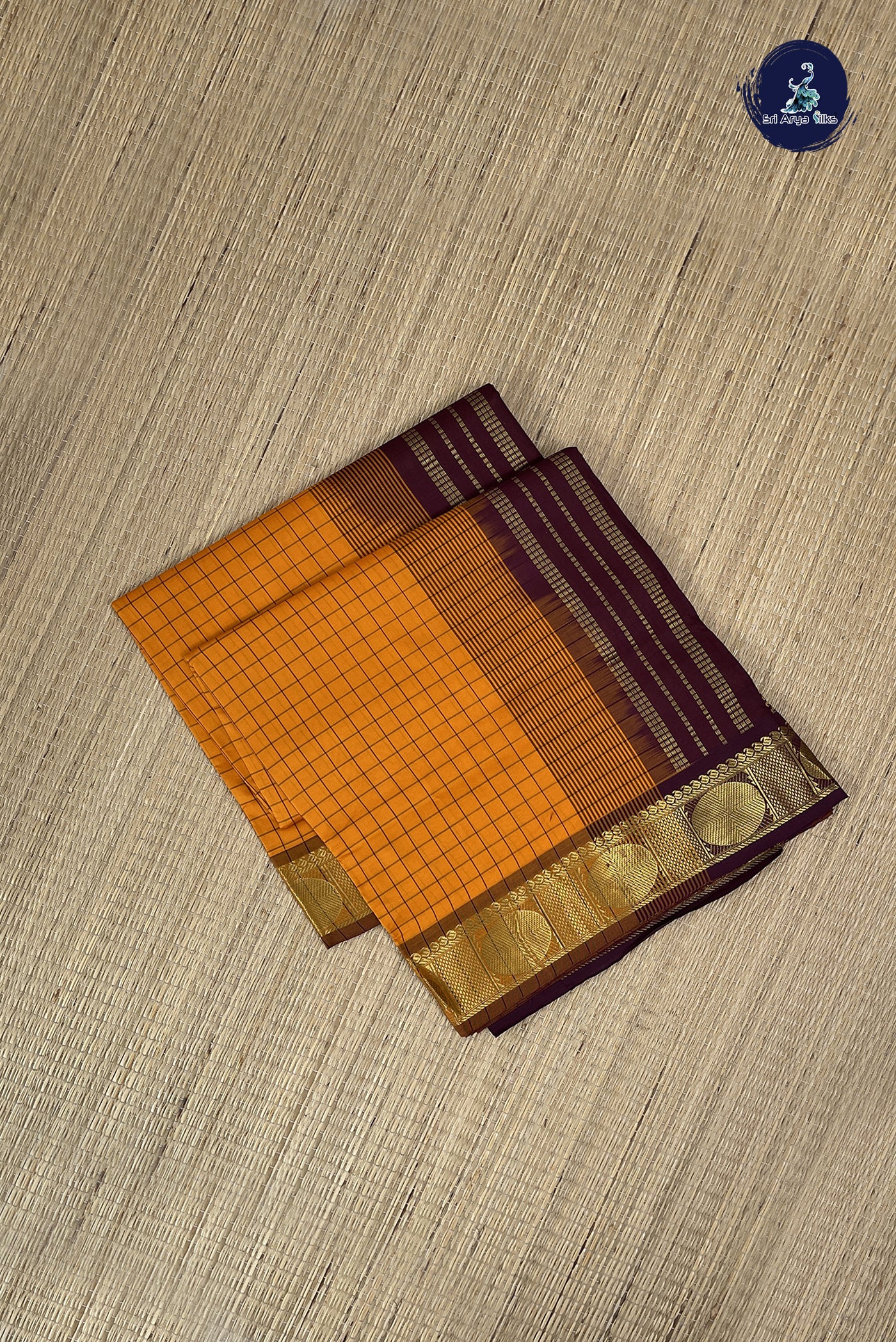 Yellowish Orange Kanchi Semi Silk Cotton Saree With Checked Pattern