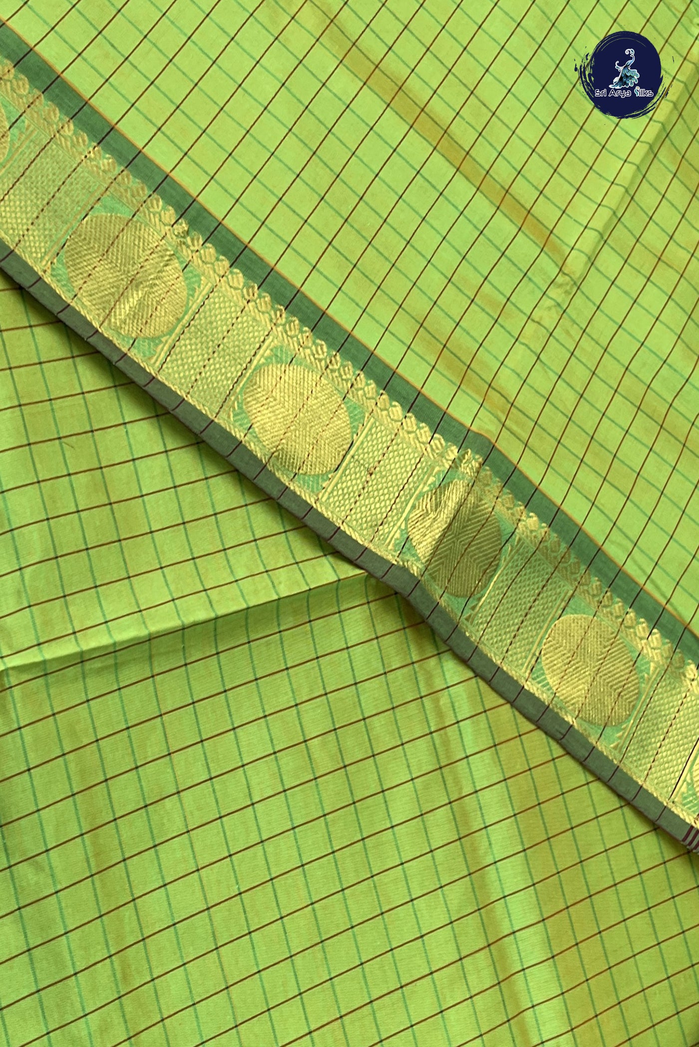 Light Green Kanchi Semi Silk Cotton Saree With Checked Pattern