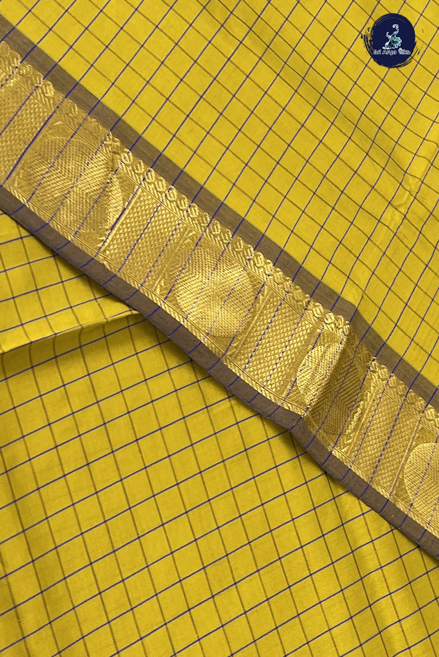 Mustard Yellow Kanchi Semi Silk Cotton Saree With Checked Pattern