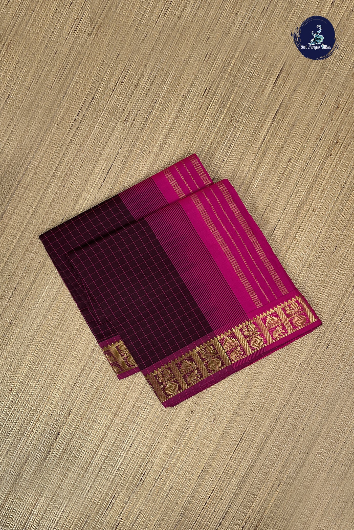 Coffee Brown Kanchi Semi Silk Cotton Saree With Checked Pattern