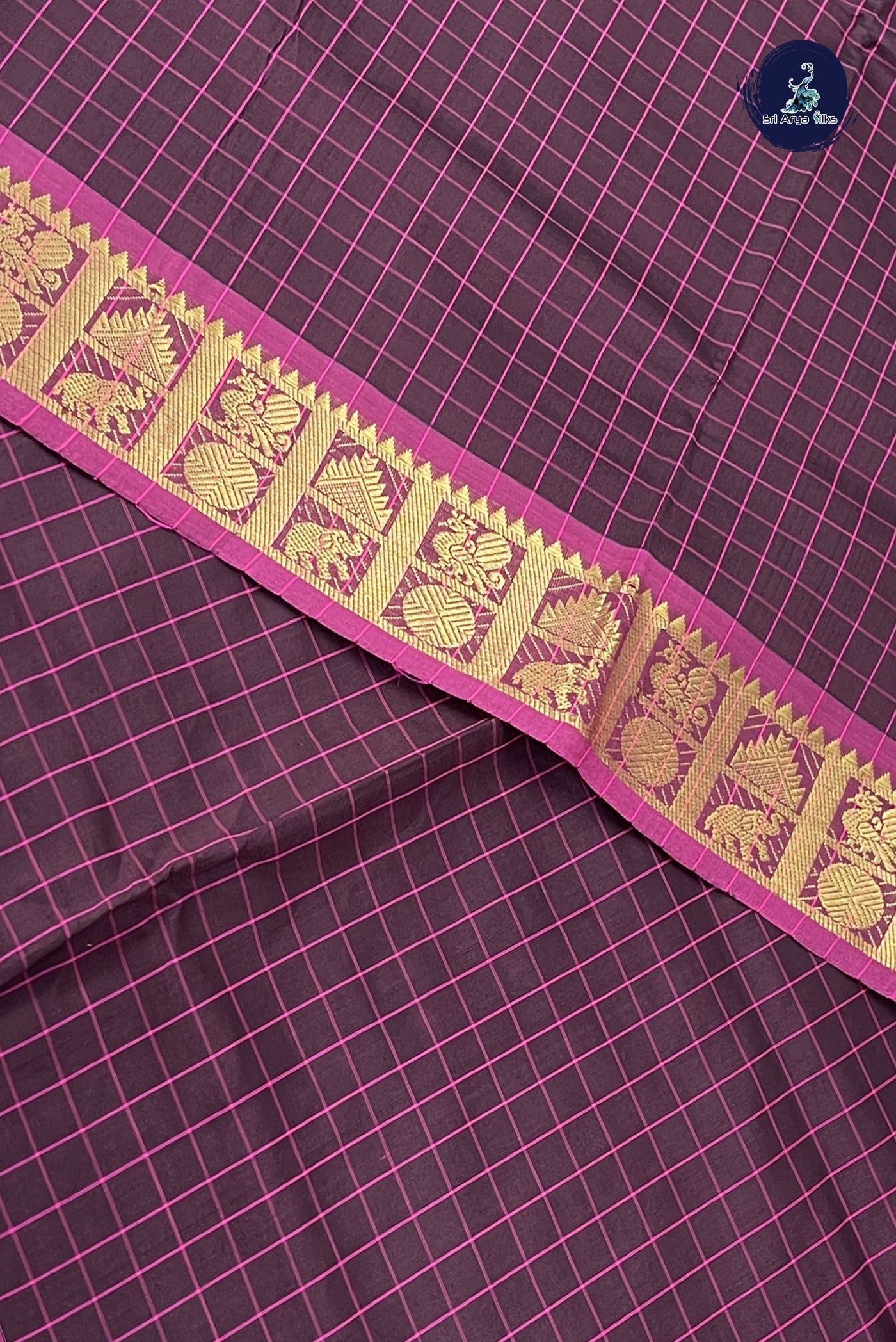 Coffee Brown Kanchi Semi Silk Cotton Saree With Checked Pattern