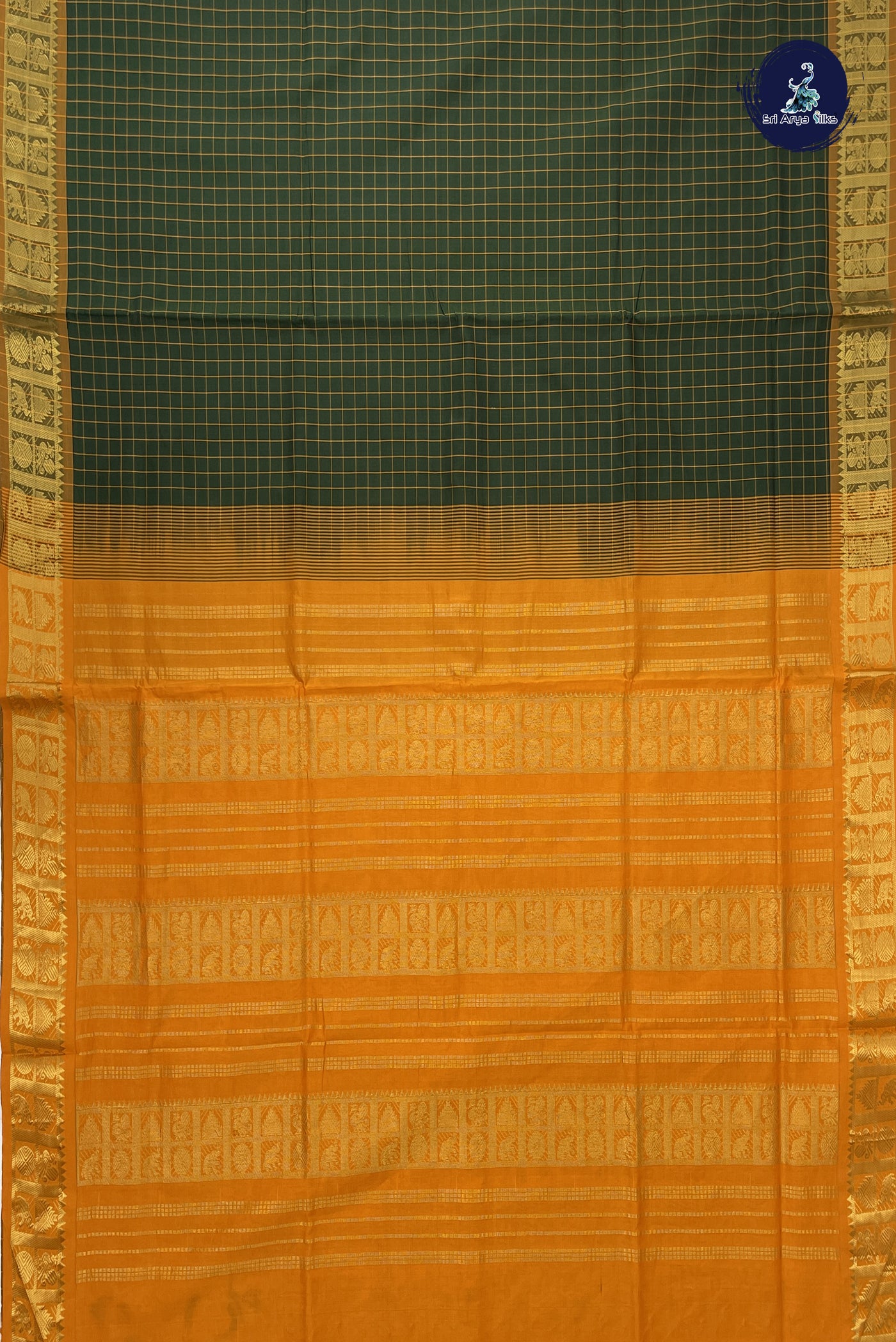 Dark Green Kanchi Semi Silk Cotton Saree With Checked Pattern