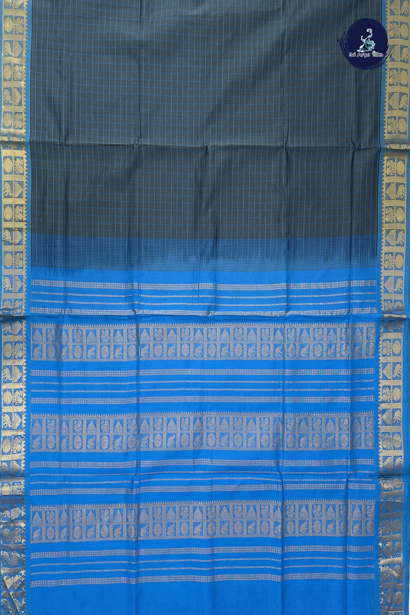 Grey Kanchi Semi Silk Cotton Saree With Checked Pattern