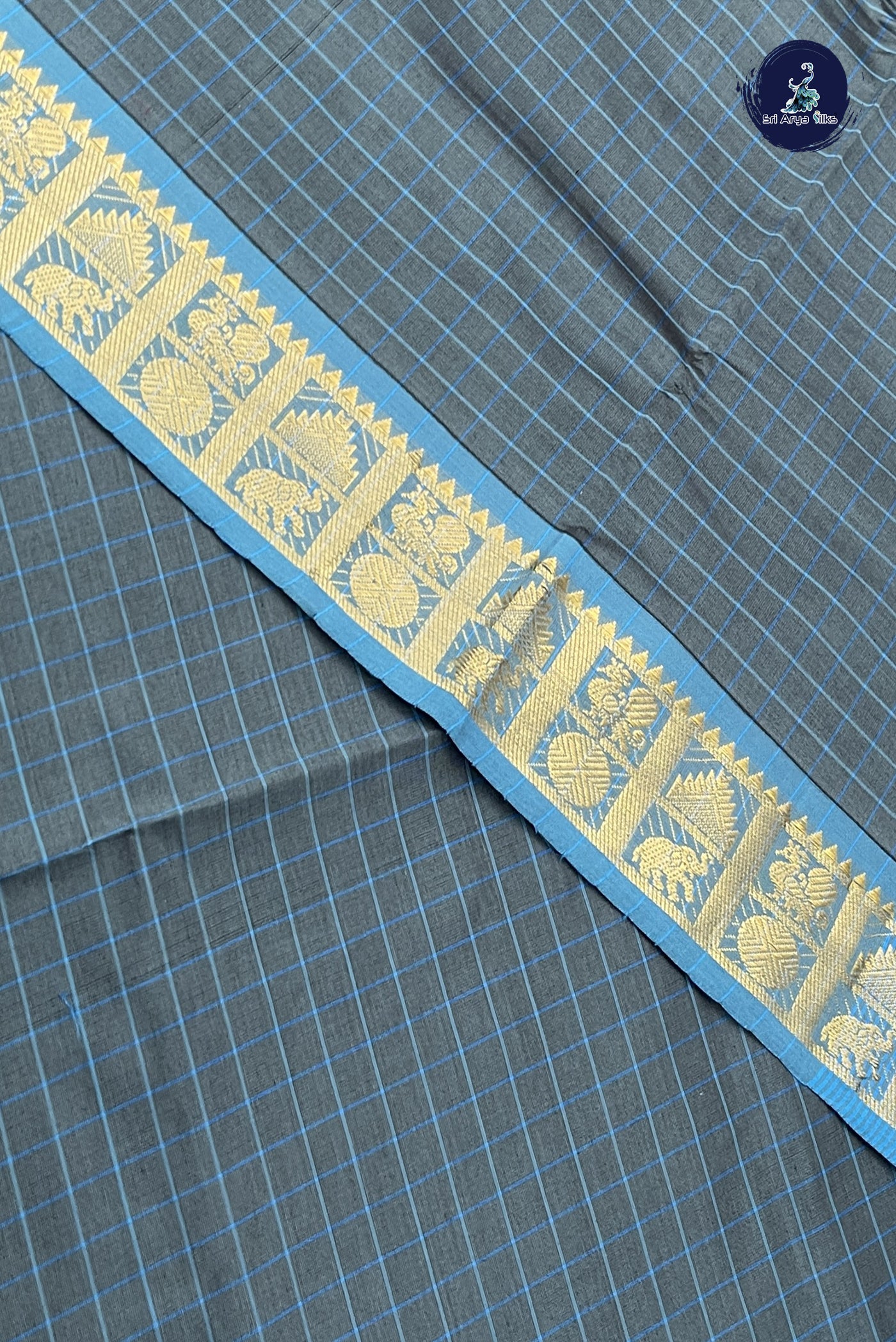 Grey Kanchi Semi Silk Cotton Saree With Checked Pattern