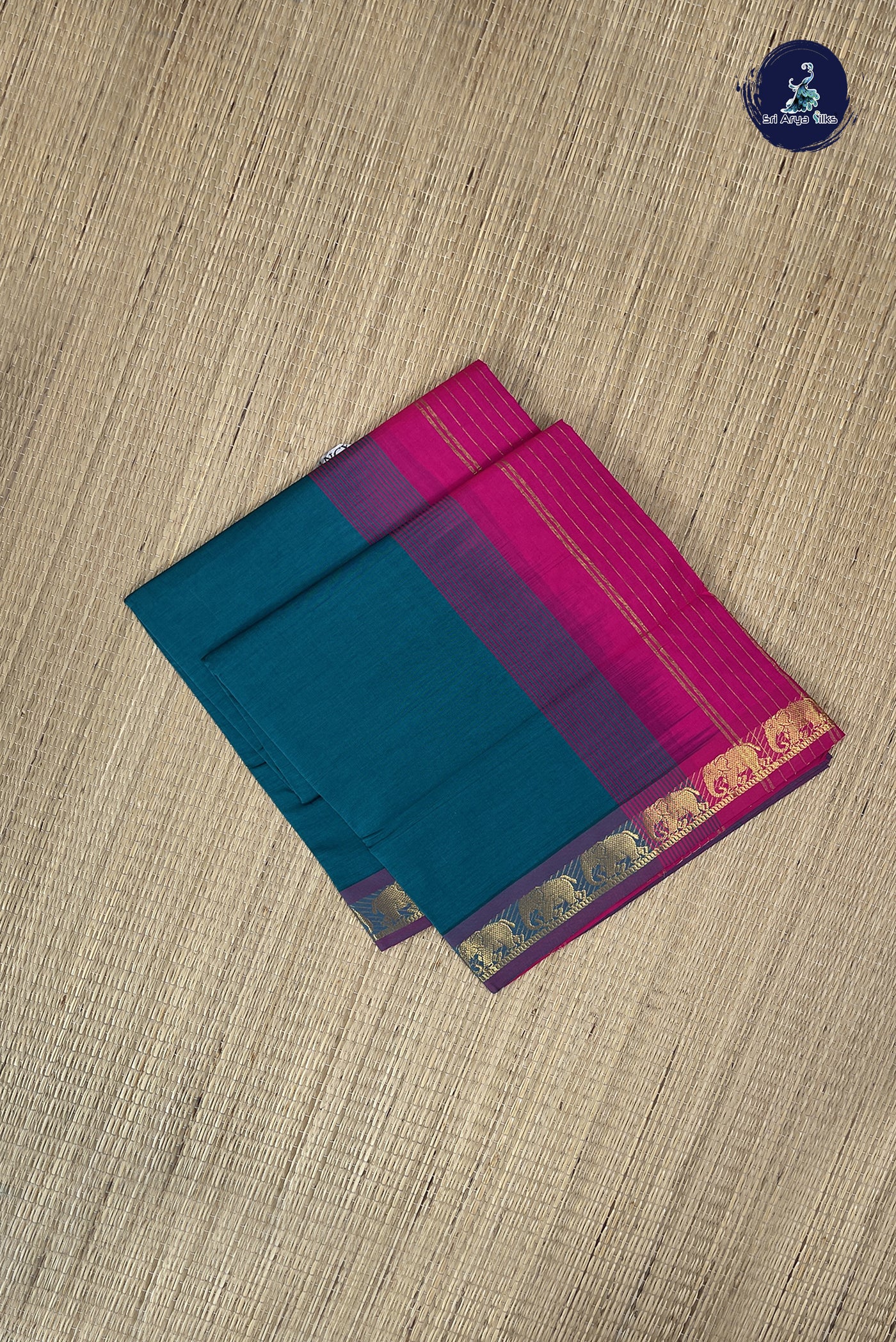 Peacock Green Kanchi Semi Silk Cotton Saree With Plain Pattern