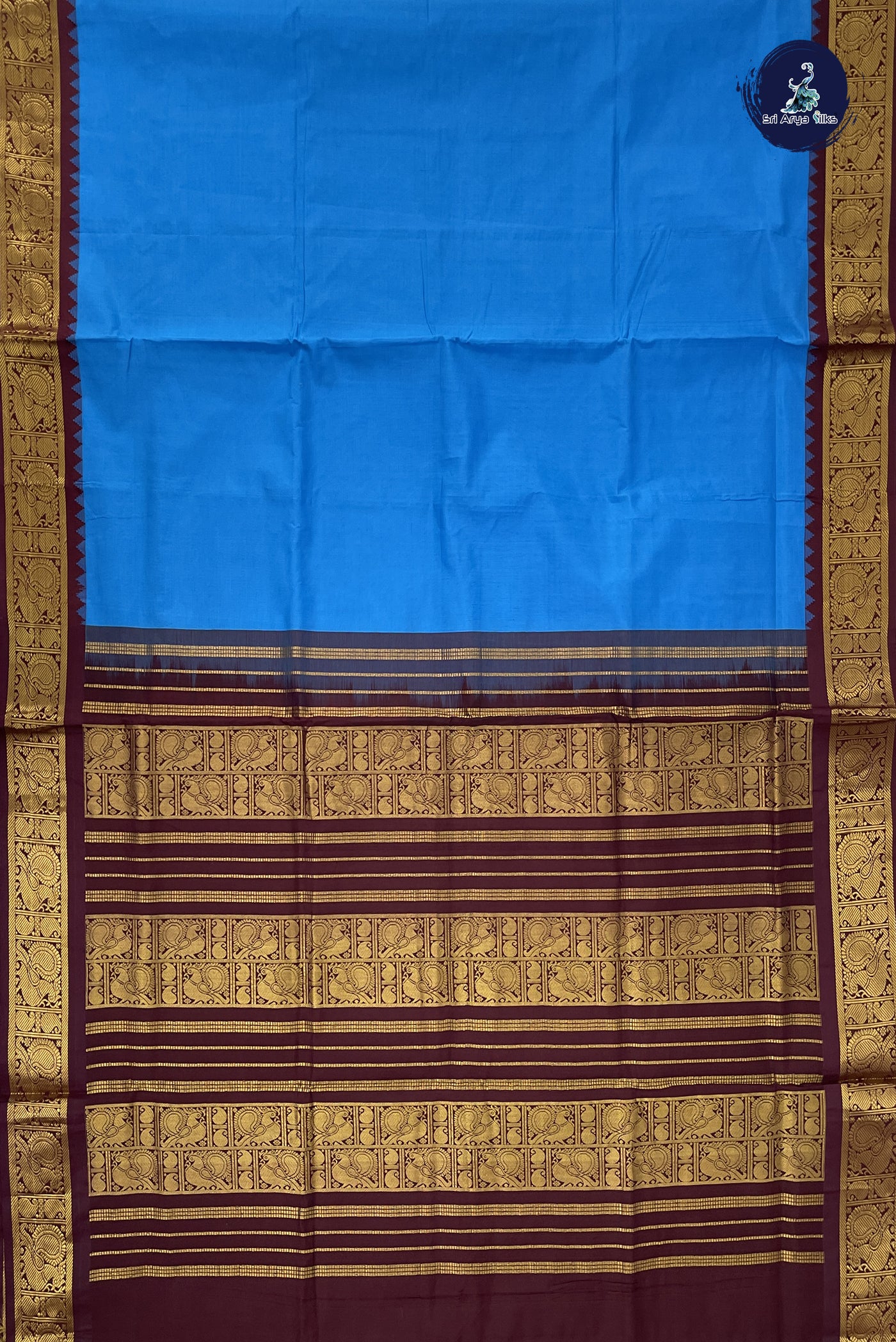 Copper Sulphate Blue Kanchi Semi Silk Cotton Saree With Plain Pattern