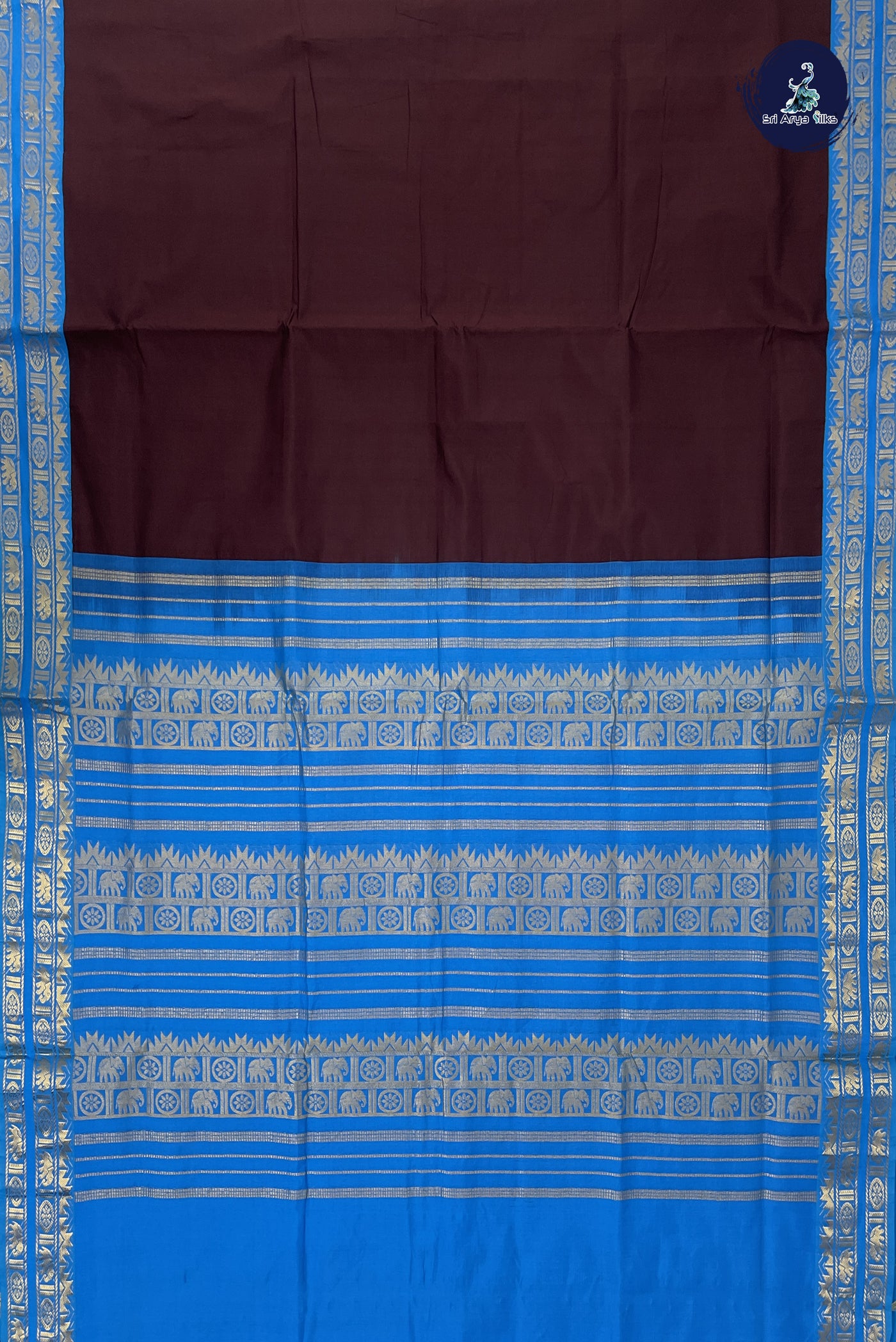 Brown Kanchi Semi Silk Cotton Saree With Plain Pattern