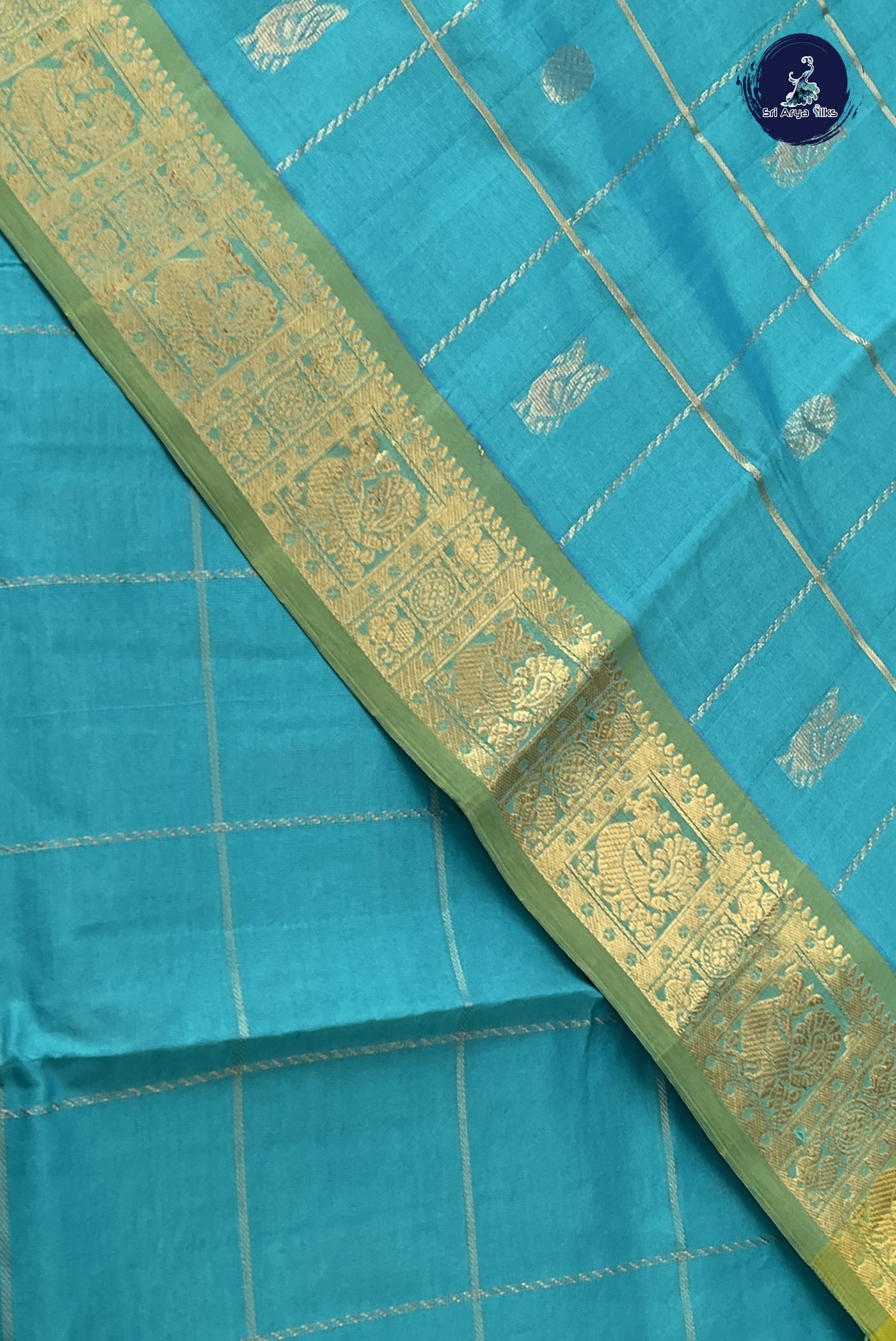Turquoise Kanchi Semi Silk Cotton Saree With Mayil Chakram Butta Pattern