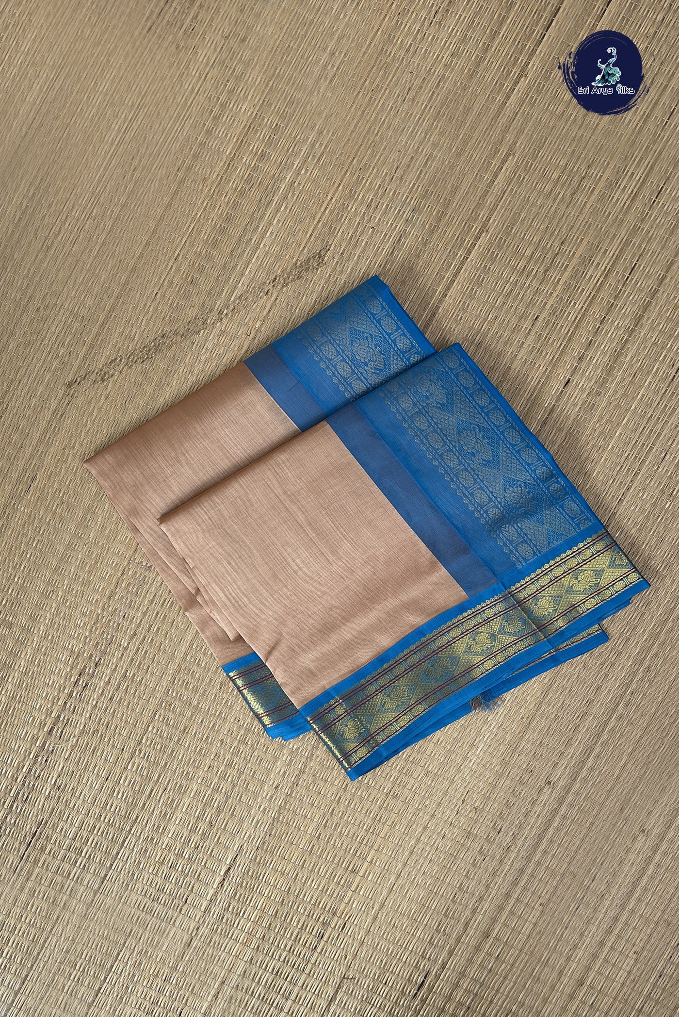 Chikku Shade Korvai Silk Cotton Saree With Plain Pattern