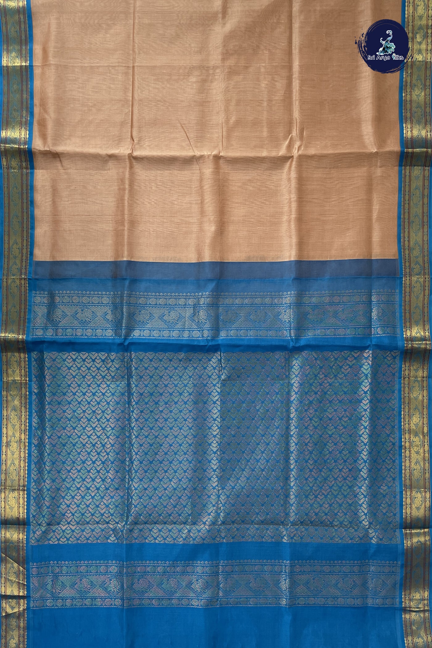 Chikku Shade Korvai Silk Cotton Saree With Plain Pattern