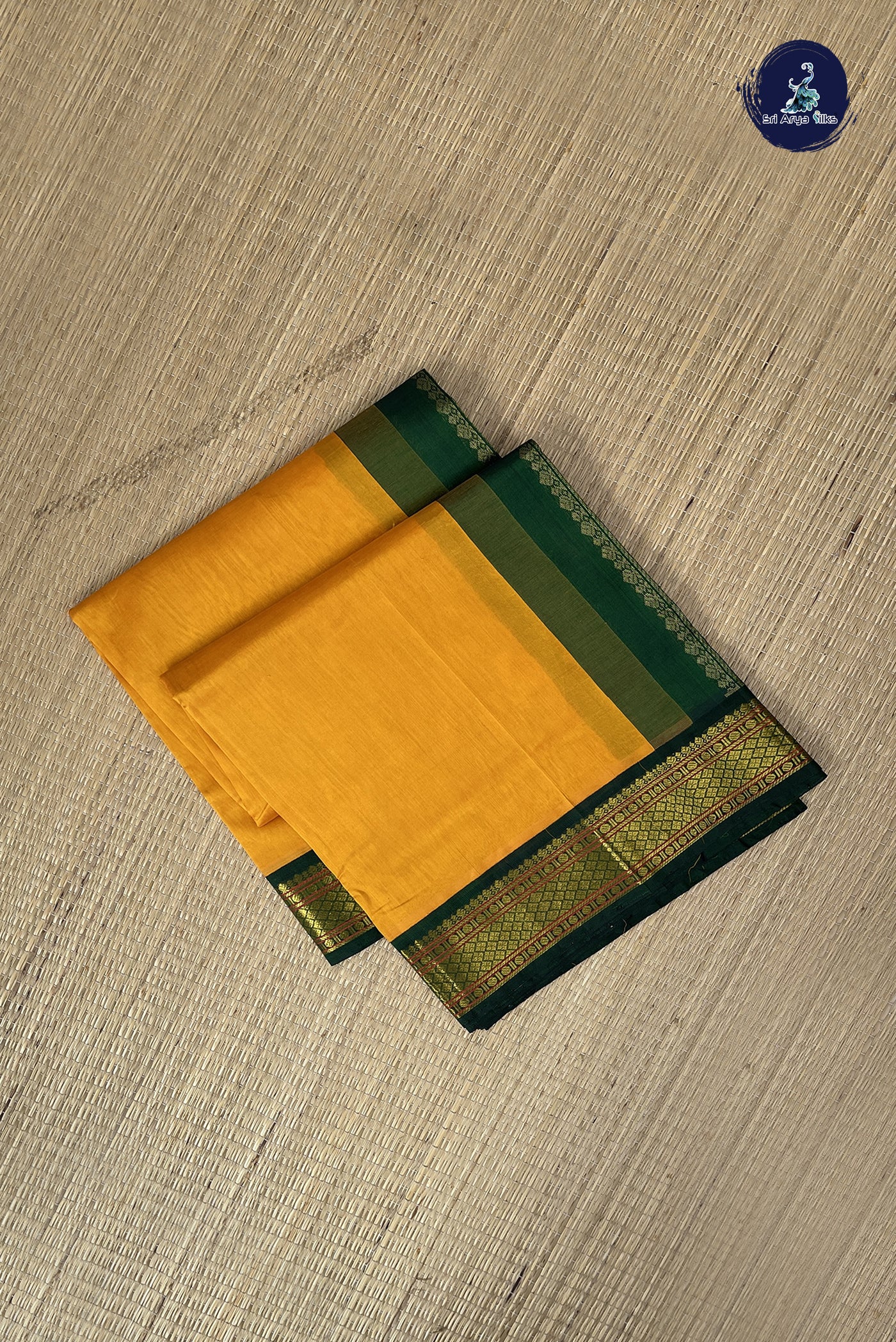 Mango Yellow Korvai Silk Cotton Saree With Plain Pattern