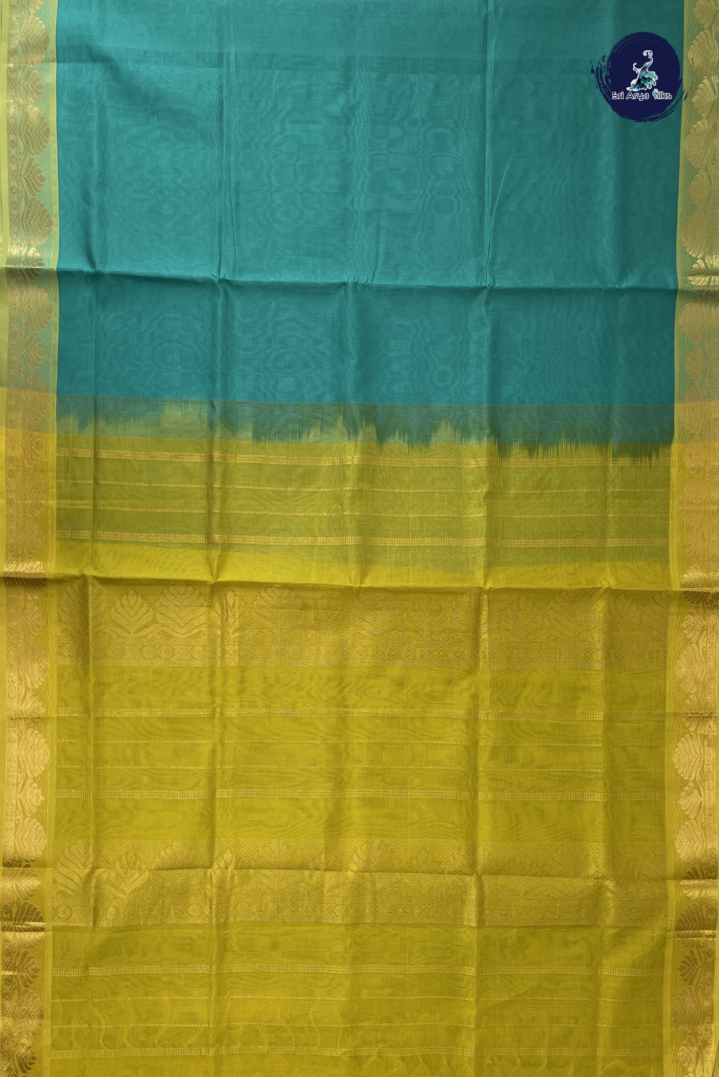 Turquoise Simple Silk Cotton Saree With Plain Pattern