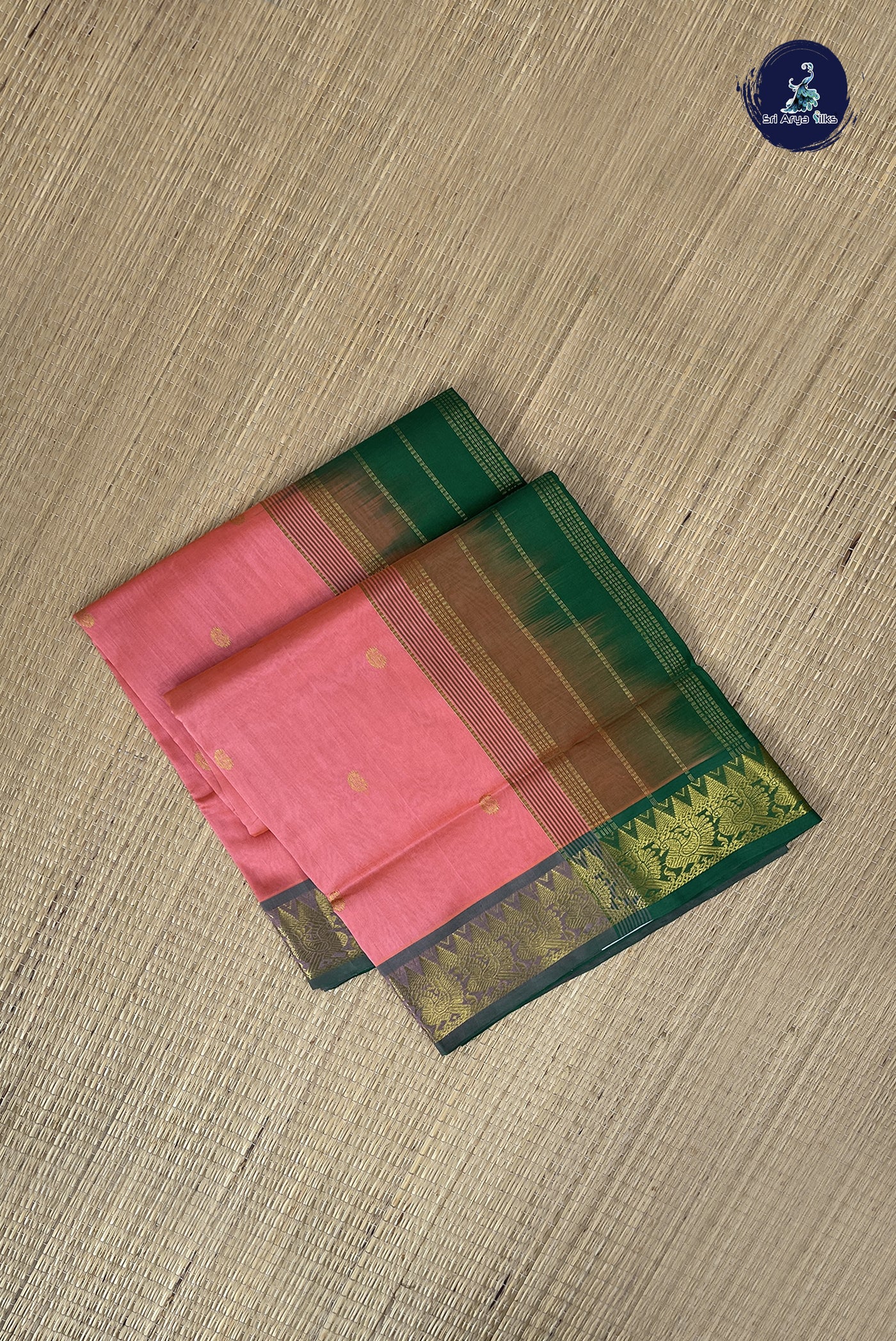 Peach Simple Silk Cotton Saree With Zari Buttas Pattern