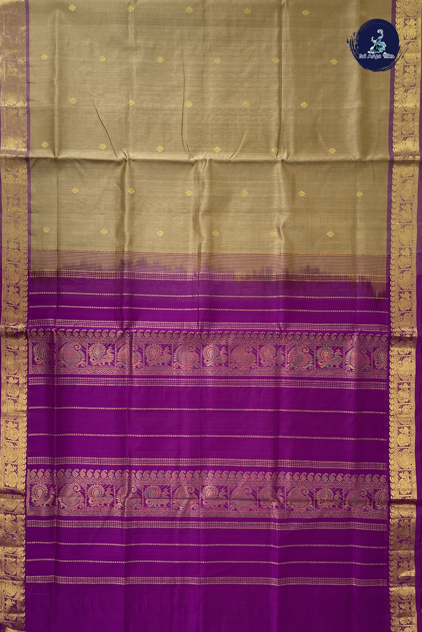 Chikku Shade Simple Silk Cotton Saree With Zari Buttas Pattern