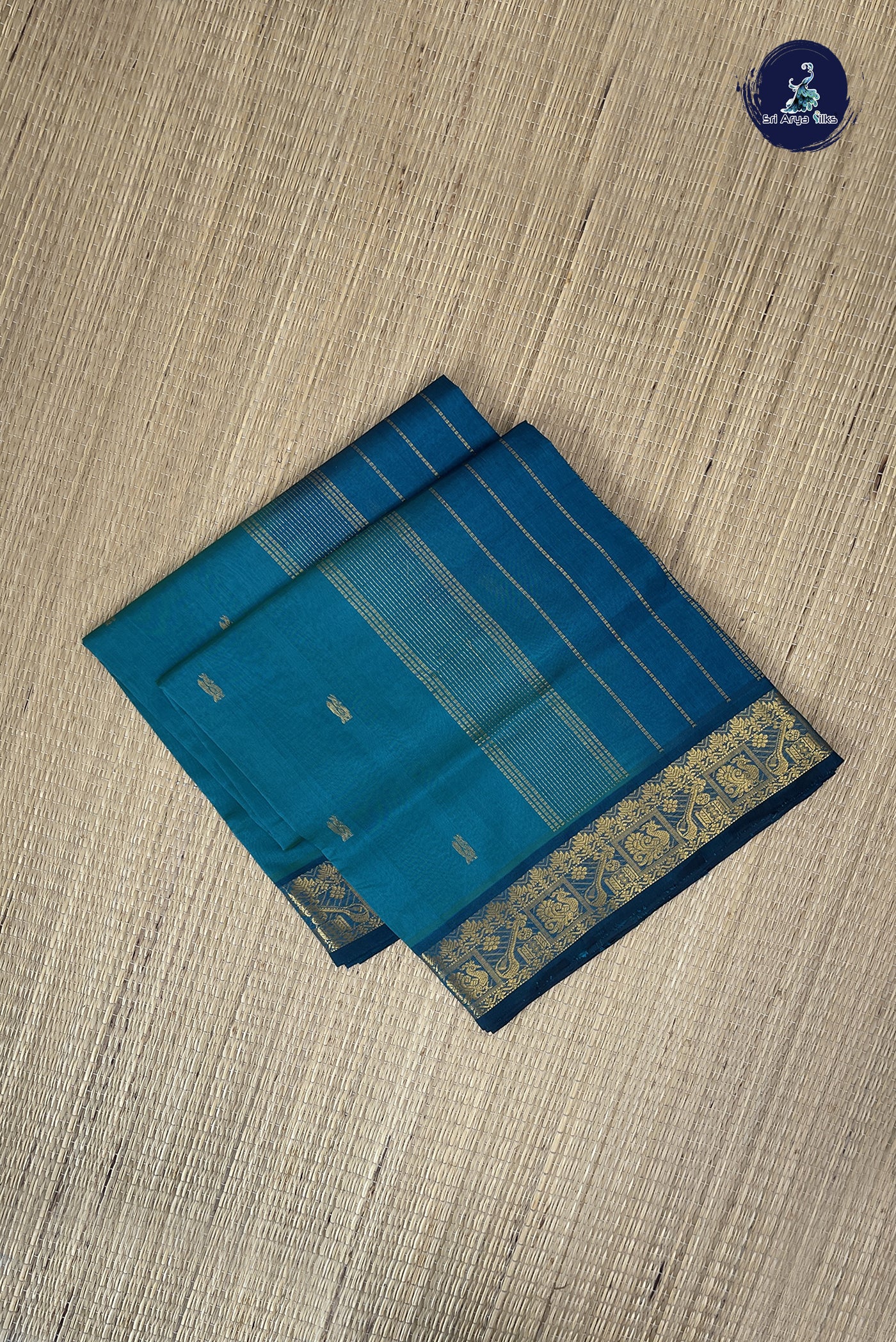 Peacock Blue Simple Silk Cotton Saree With Zari Buttas Pattern