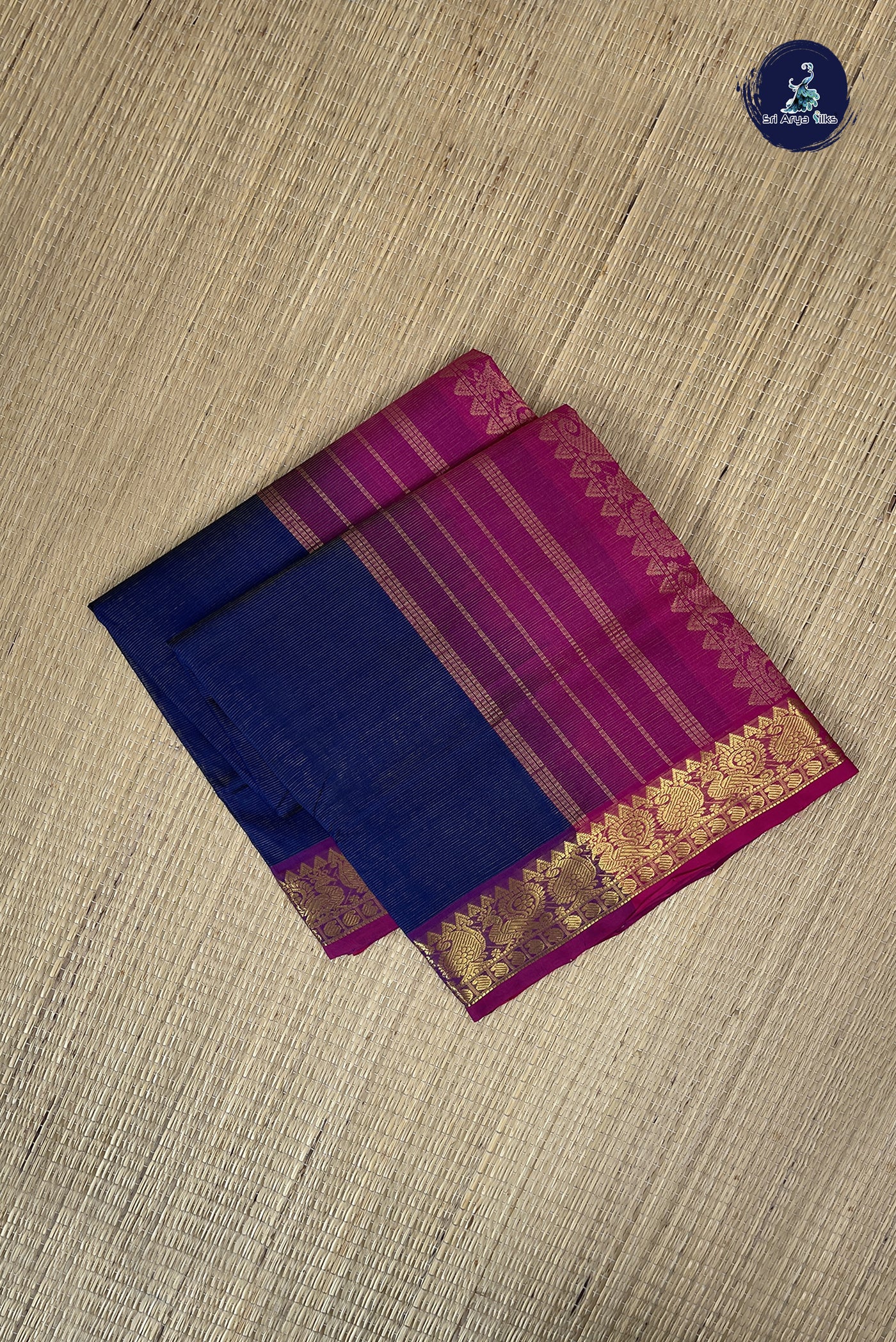 Navy Blue Vaira Oosi Silk Cotton Saree With Vaira Oosi Pattern